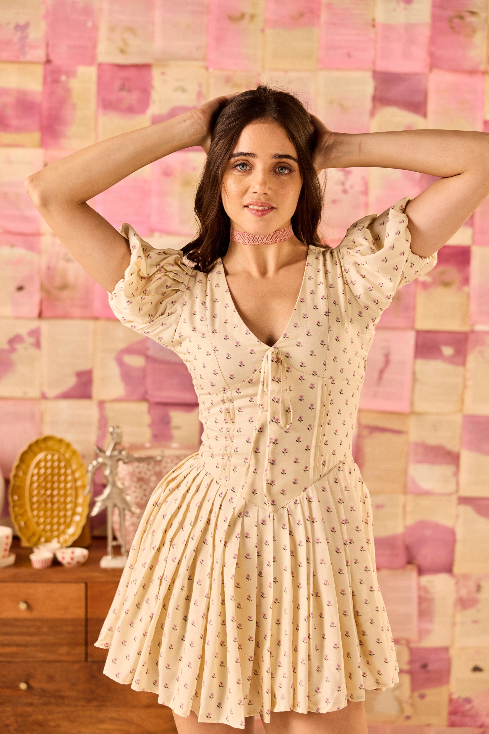 Amore Cream Vintage V Neck Mini Dress