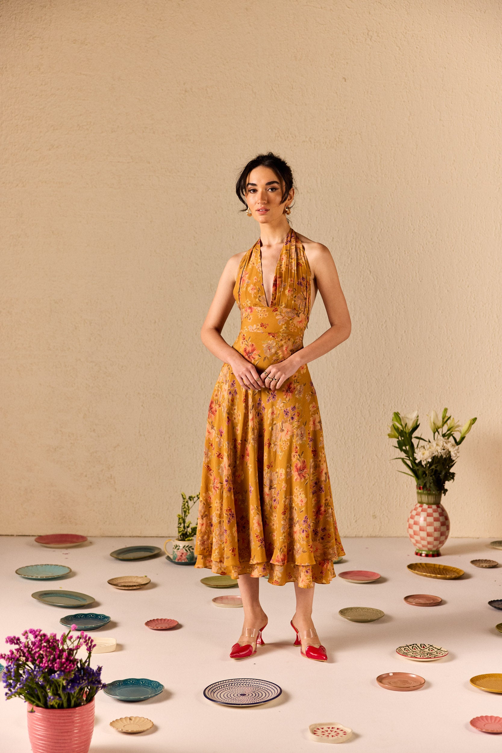 Clio Mustard Floral Halterneck Midi Dress