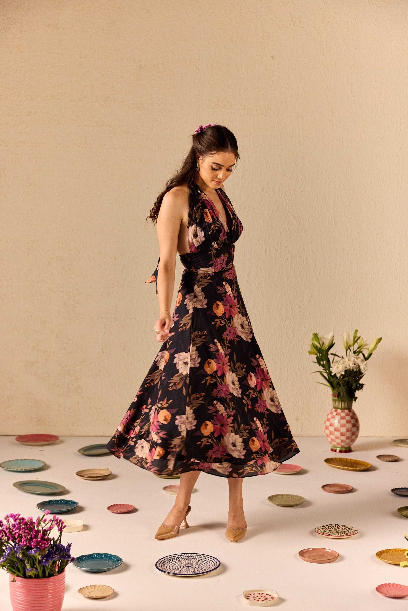 Fable Black Floral Halterneck Midi Dress