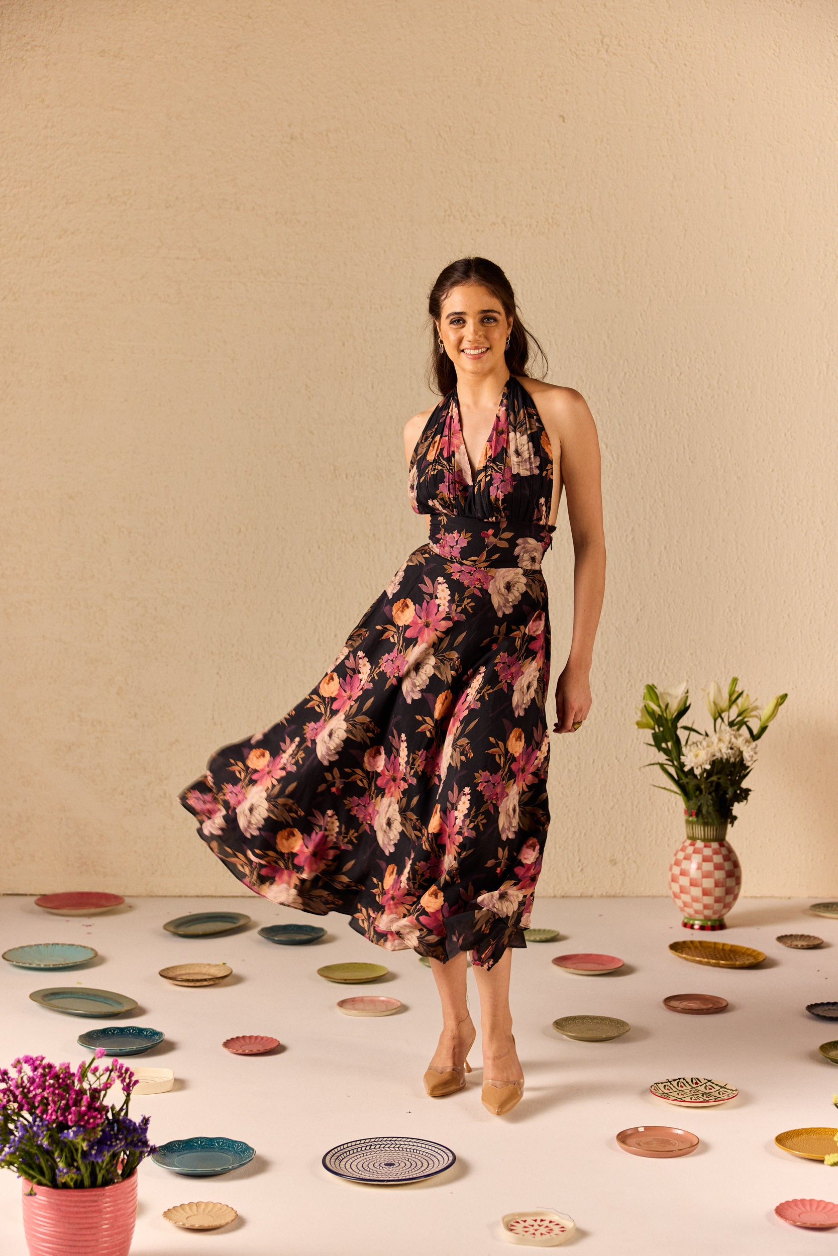Fable Black Floral Halterneck Midi Dress