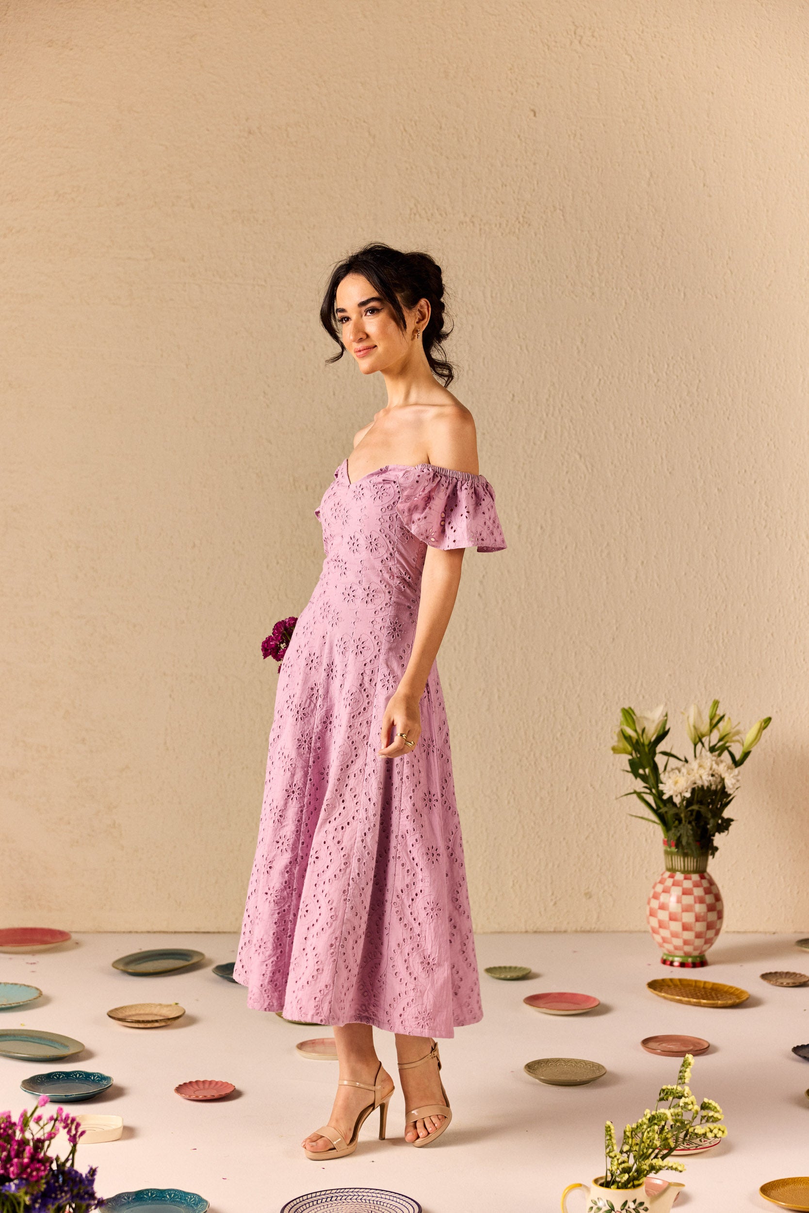 Violetta Lilac Embroidered Schiffli Midi Dress