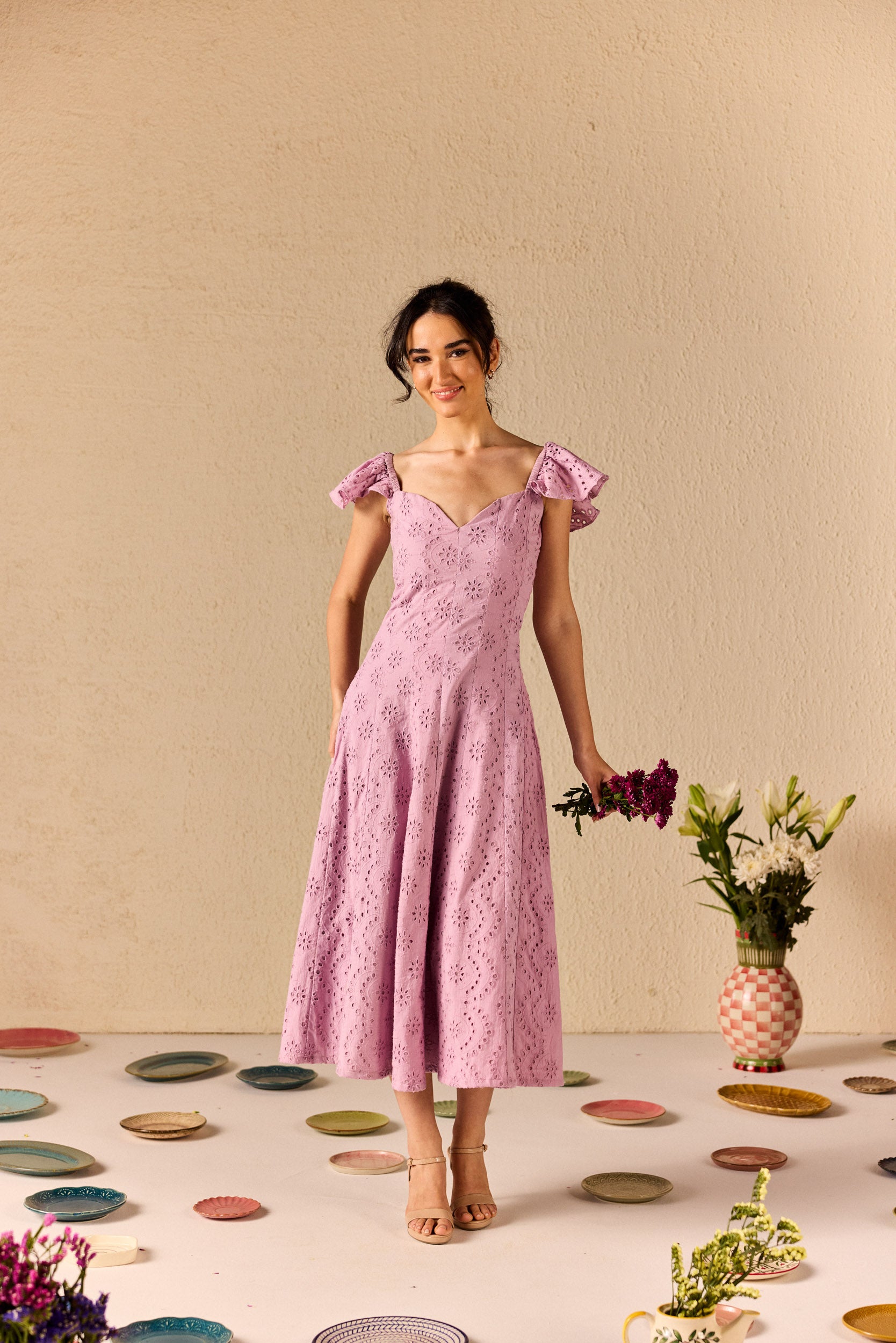 Violetta Lilac Embroidered Schiffli Midi Dress