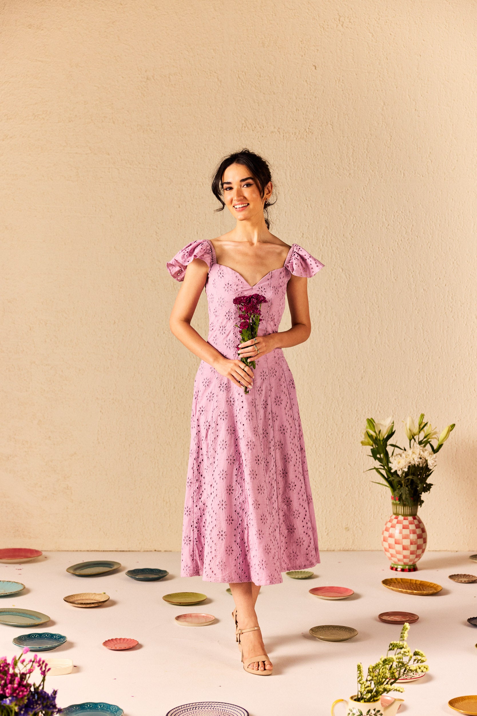 Violetta Lilac Embroidered Schiffli Midi Dress