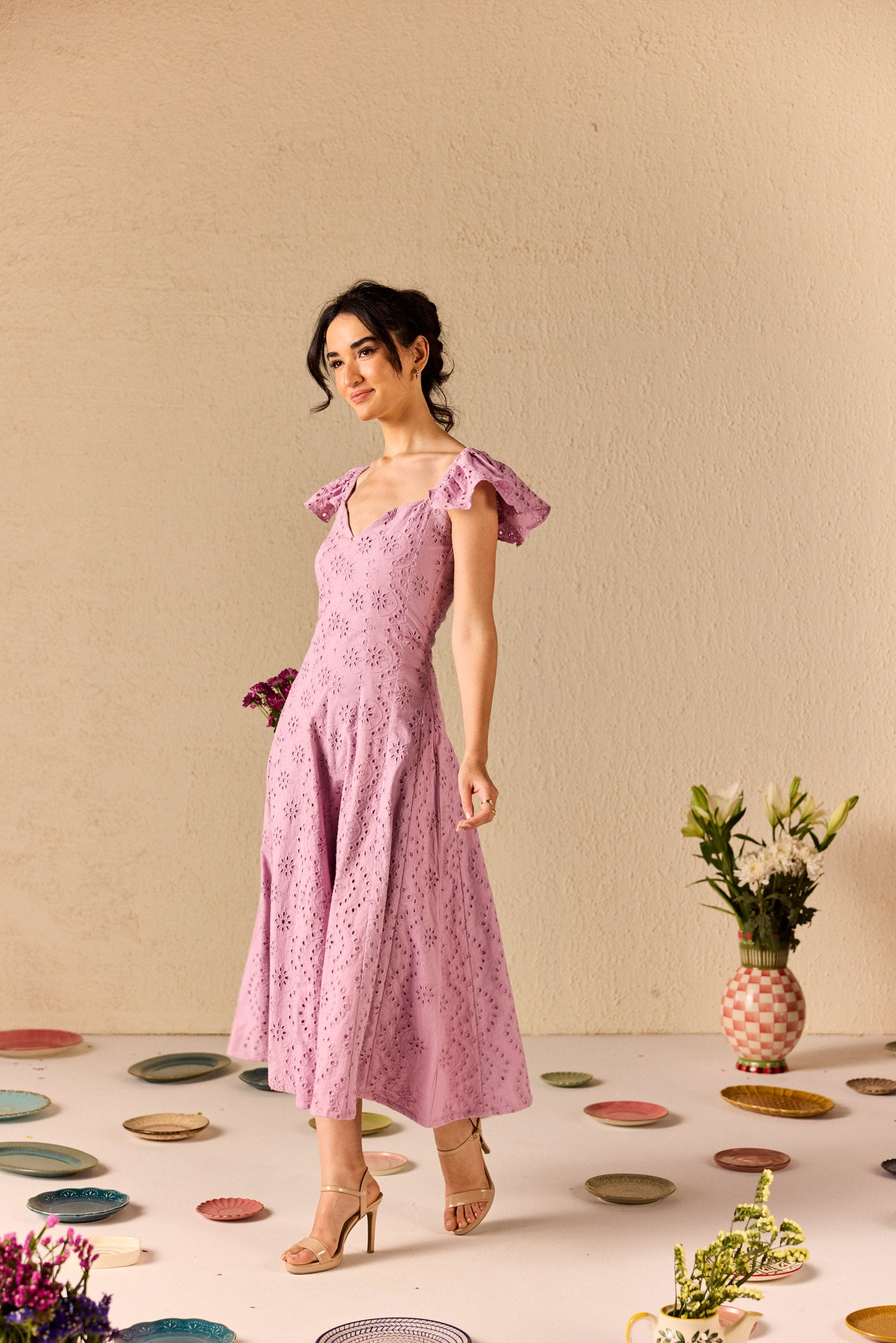 Violetta Lilac Embroidered Schiffli Midi Dress