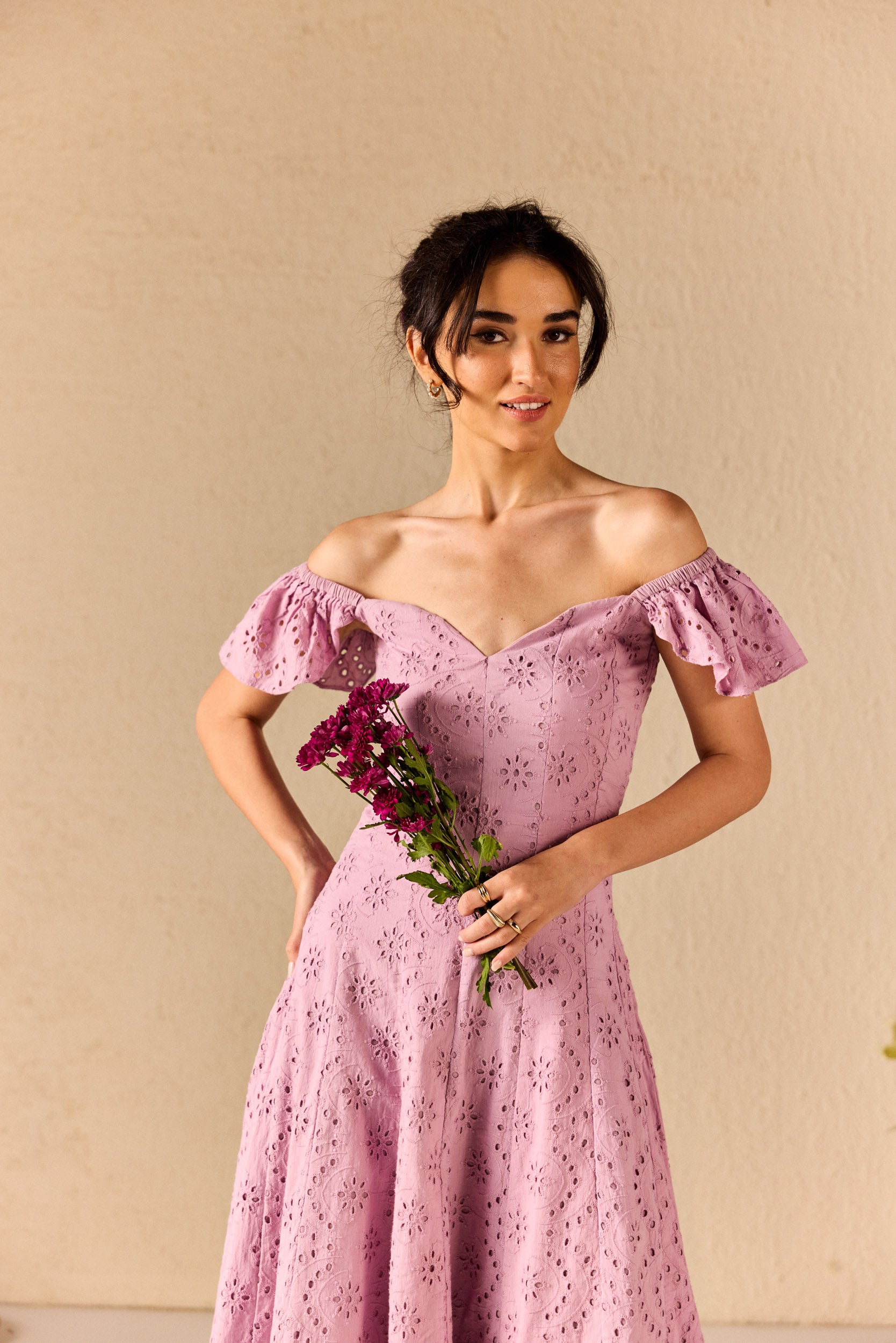 Violetta Lilac Embroidered Schiffli Midi Dress