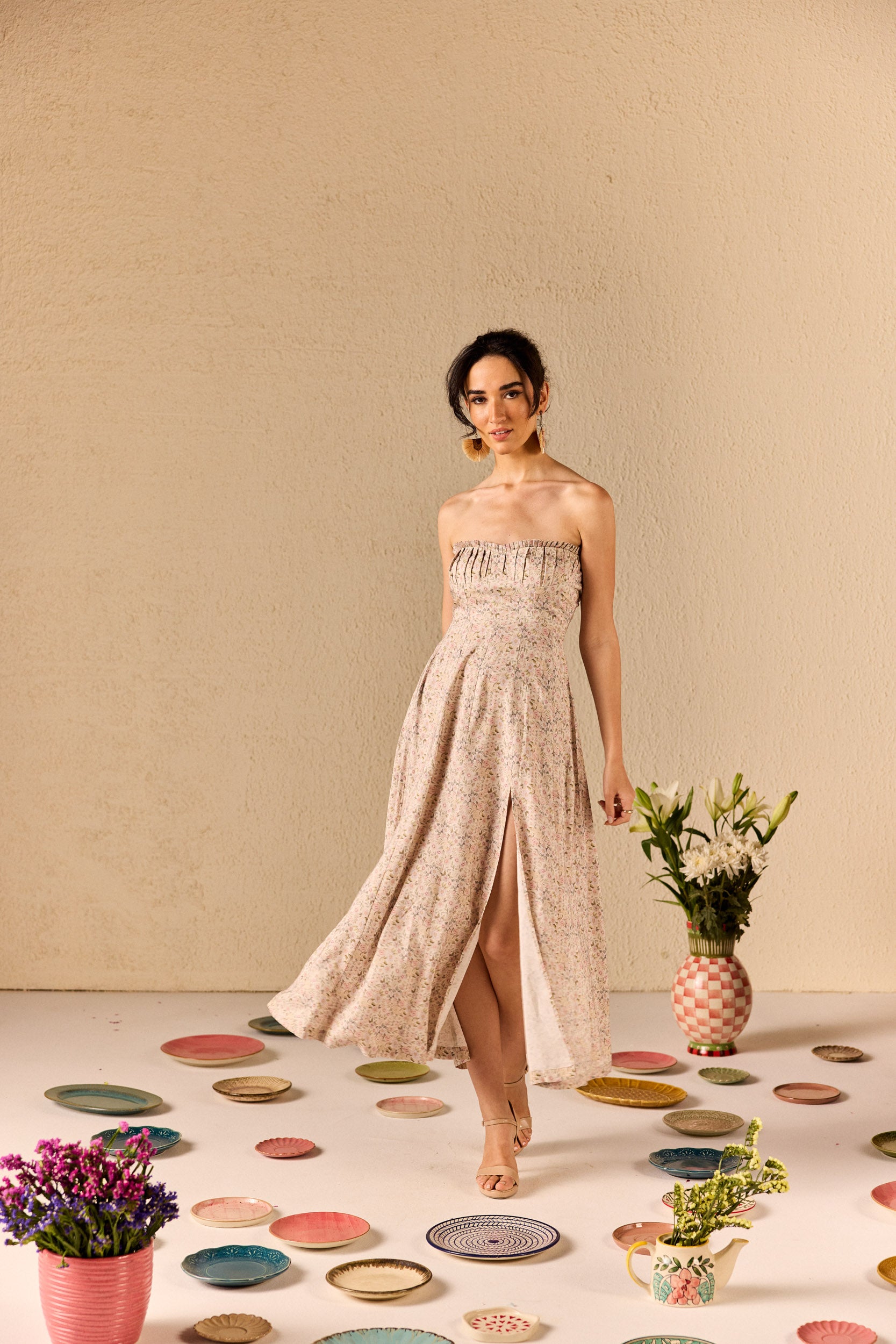 Carina Beige Floral Tube Midi Dress