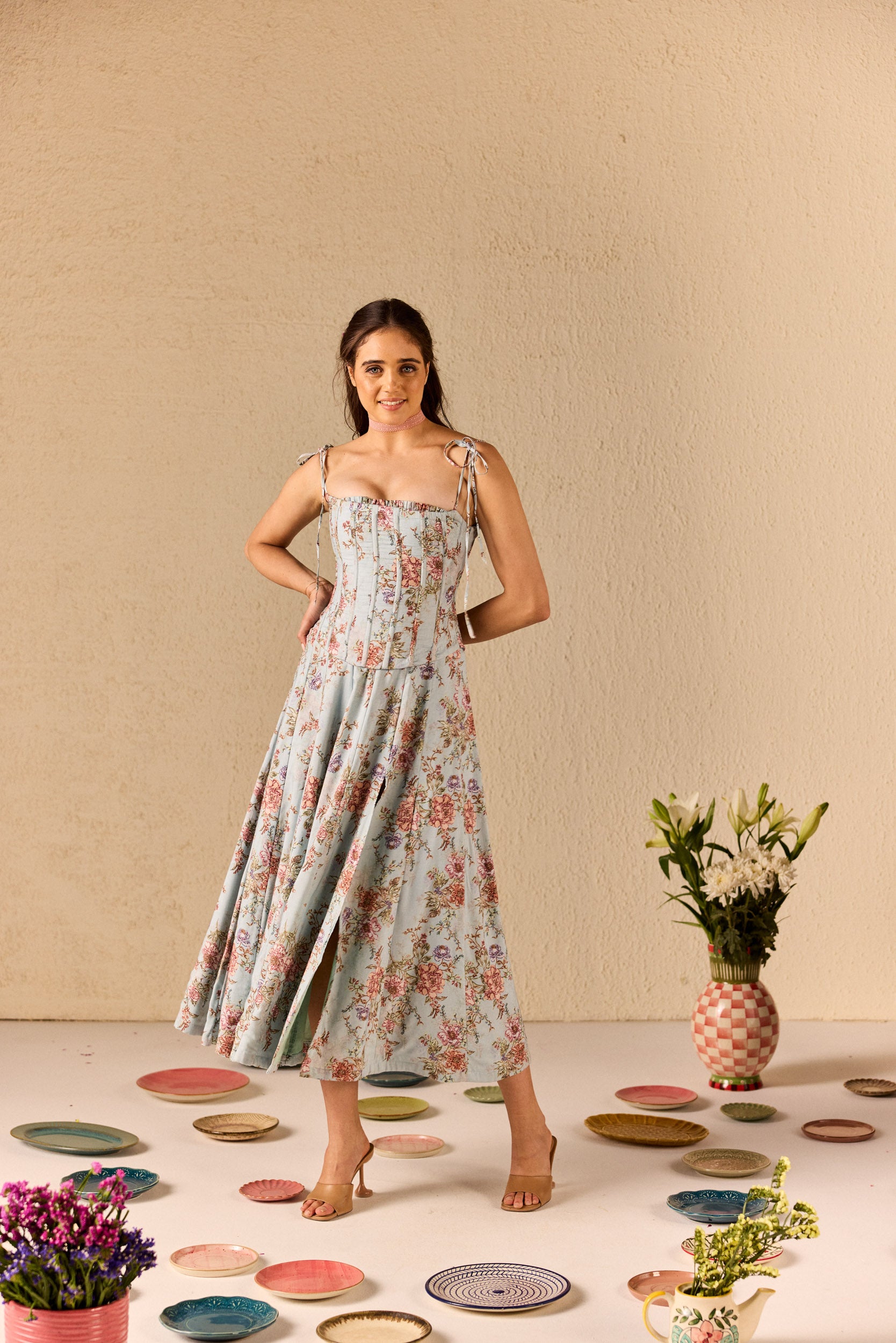 Emily Blue Floral Midi Dress with Corset Jacket