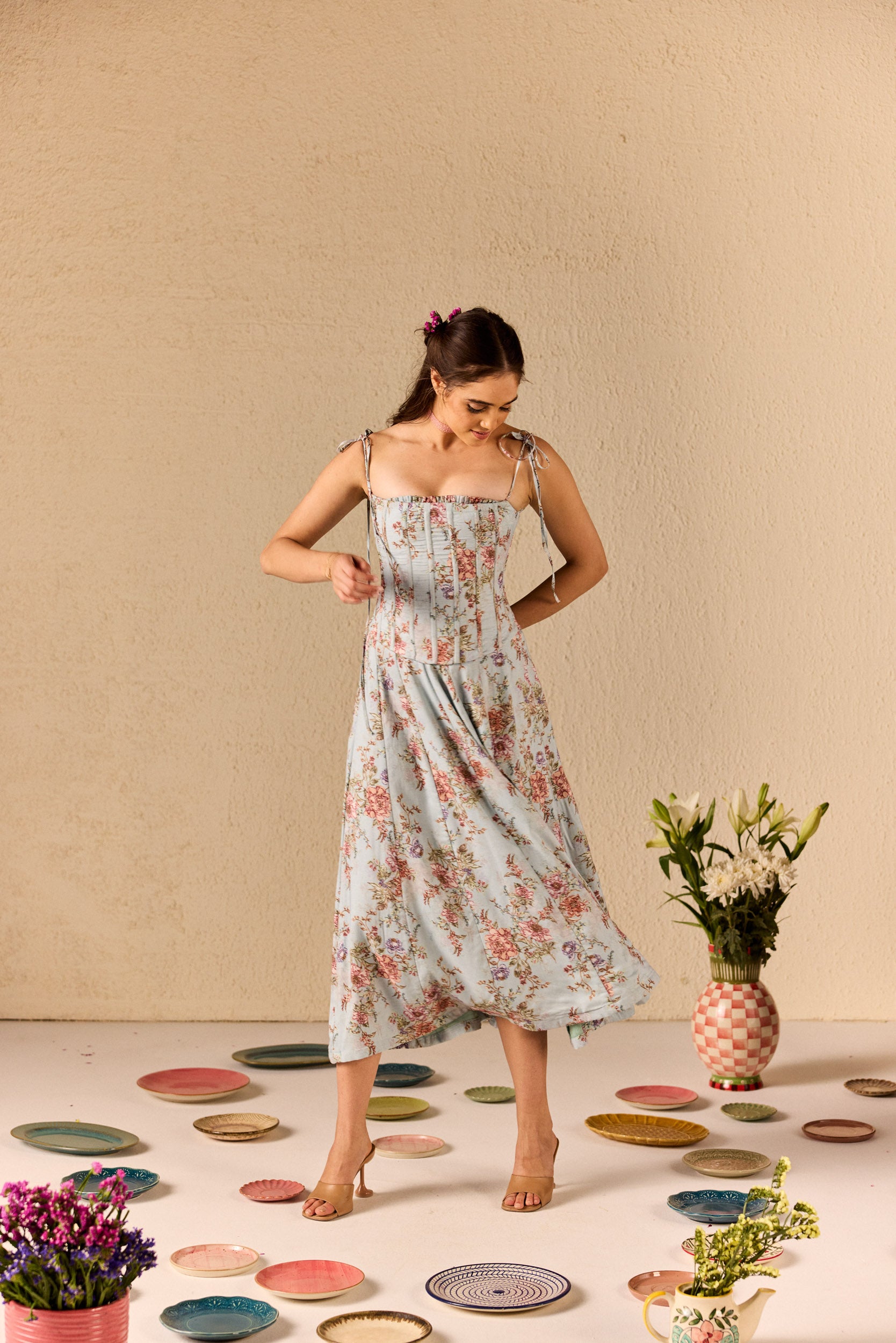 Emily Blue Floral Midi Dress with Corset Jacket