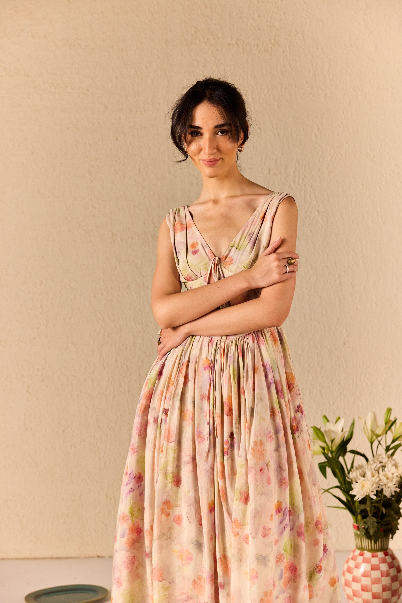 Alba Beige Muslin Floral Corset Midi Dress