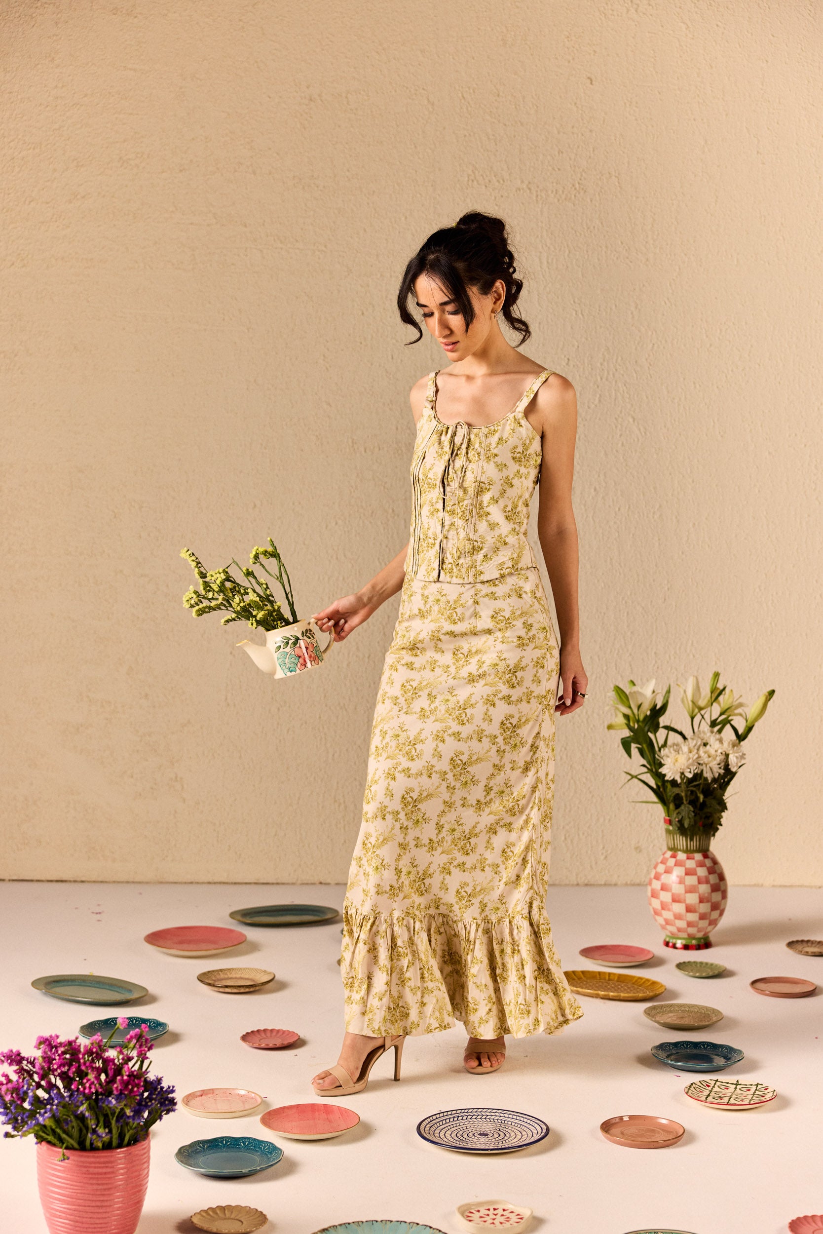 Sierra Cream & Green Cotton Floral Top & Maxi Skirt Set