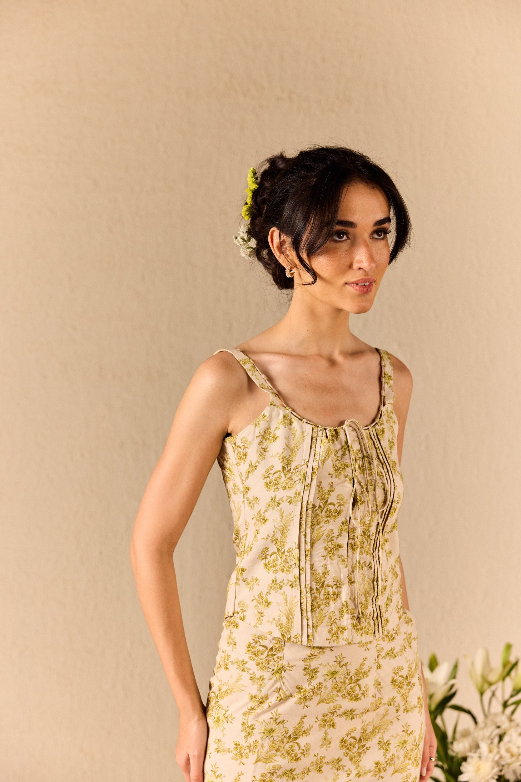 Capri Cream & Green Cotton Floral Top