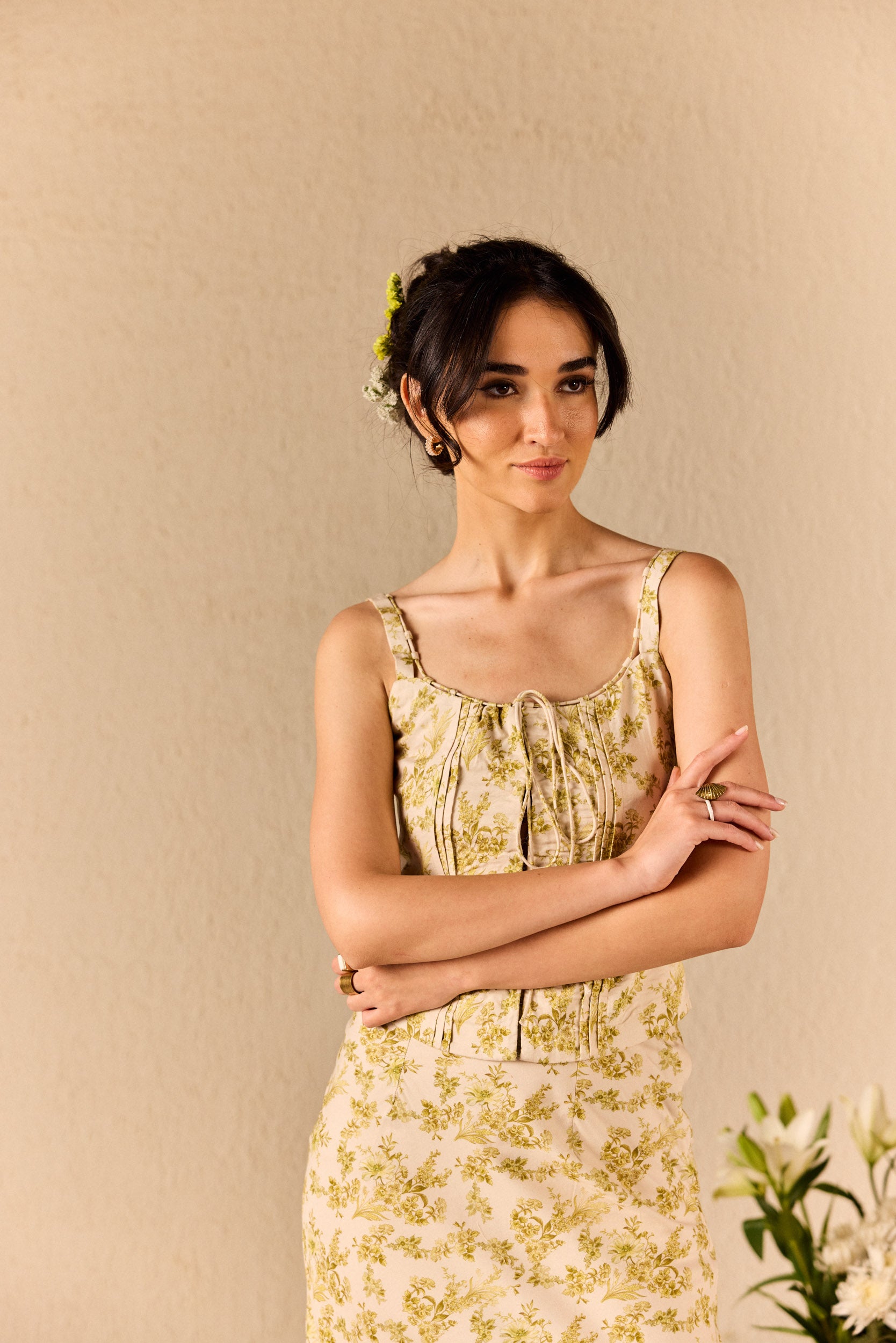 Capri Cream & Green Cotton Floral Top