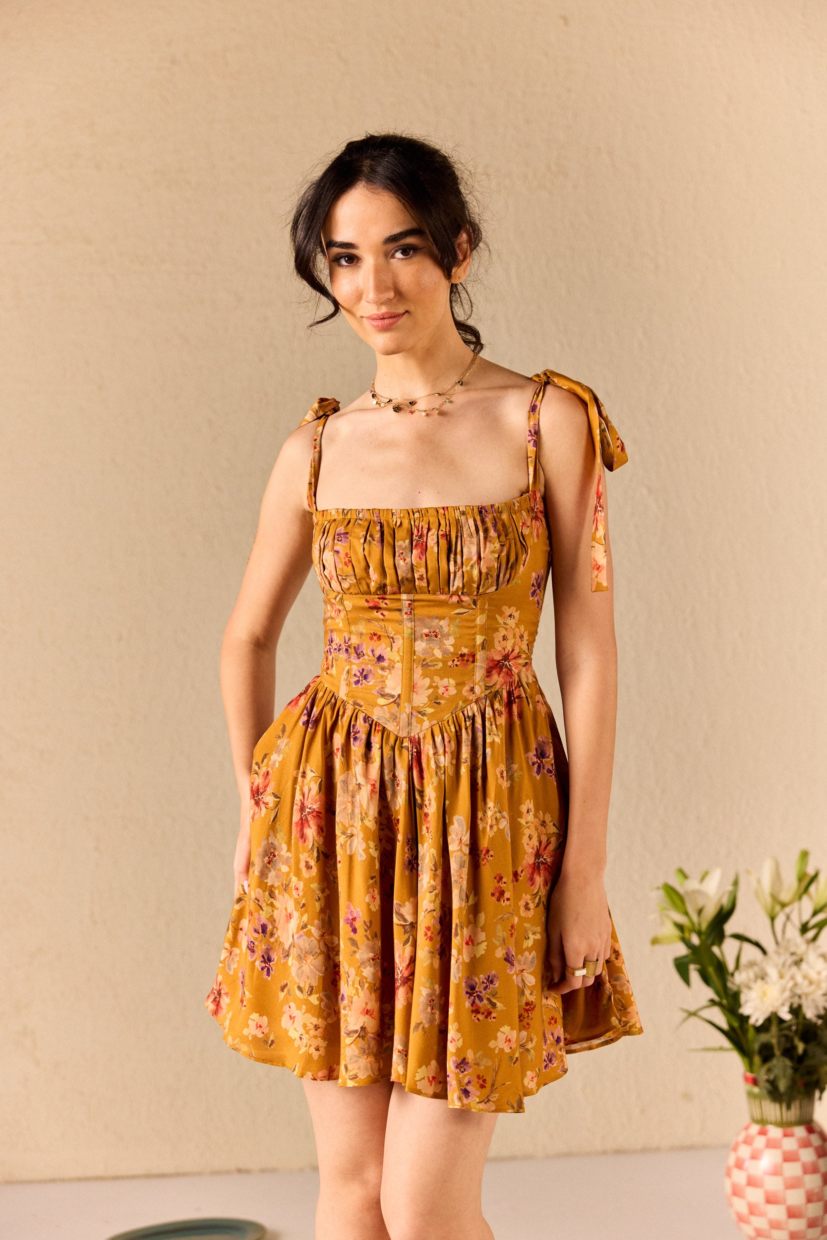 Isola Mustard Floral Babydoll Mini Dress