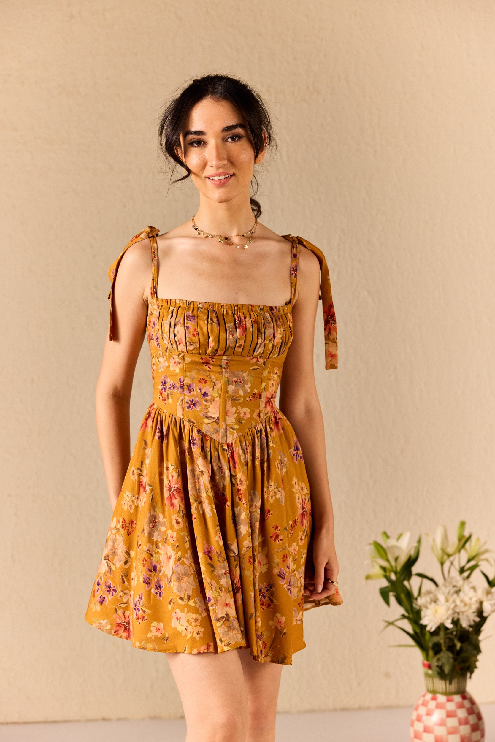 Isola Mustard Floral Babydoll Mini Dress