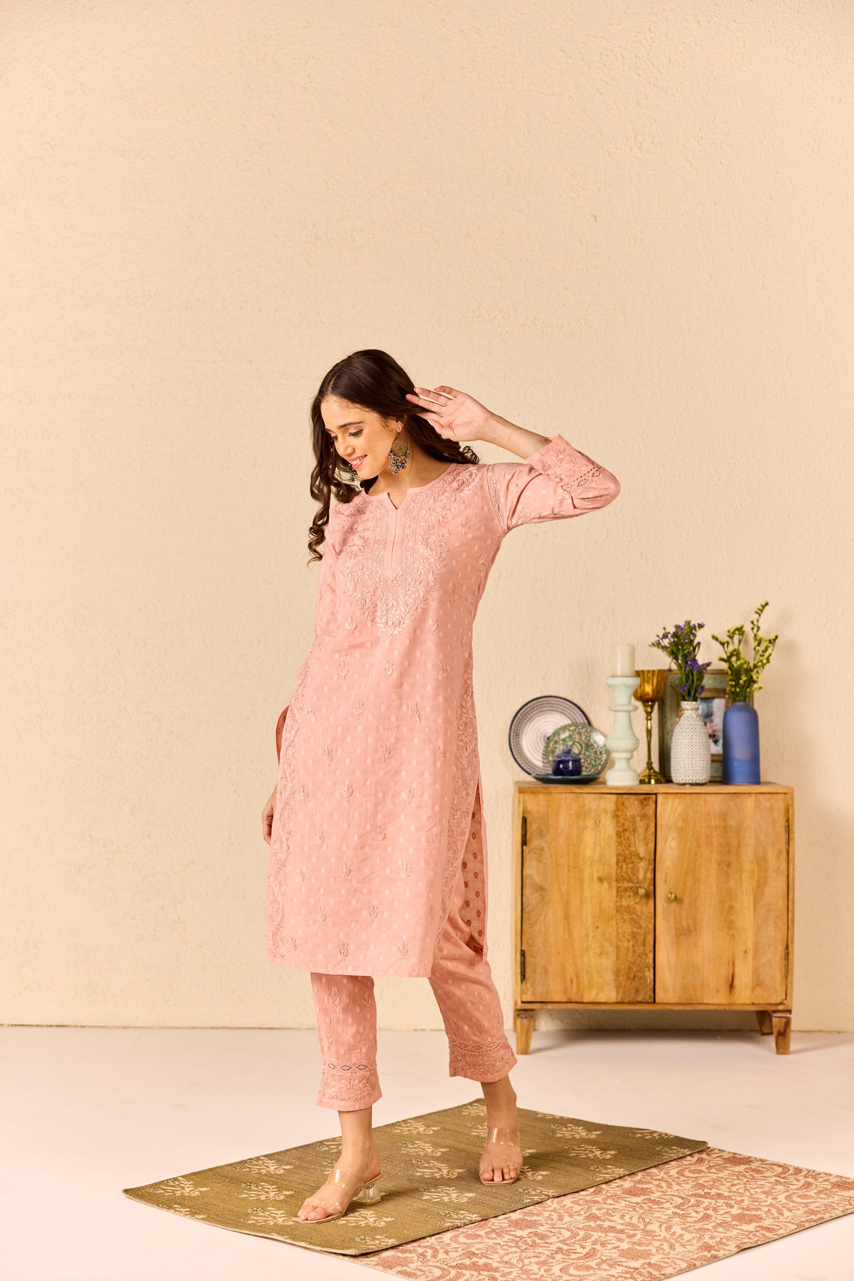 Zimal Dusty Pink Cotton Hand Embroidered Chikankari Kurta & Pant Set