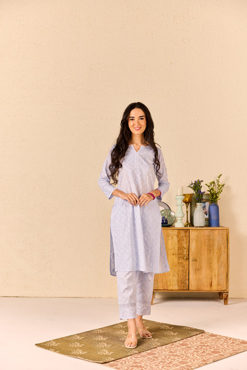 Pink - Hand Embroidered Rayon Chikankari Kurta with Pant Set 04