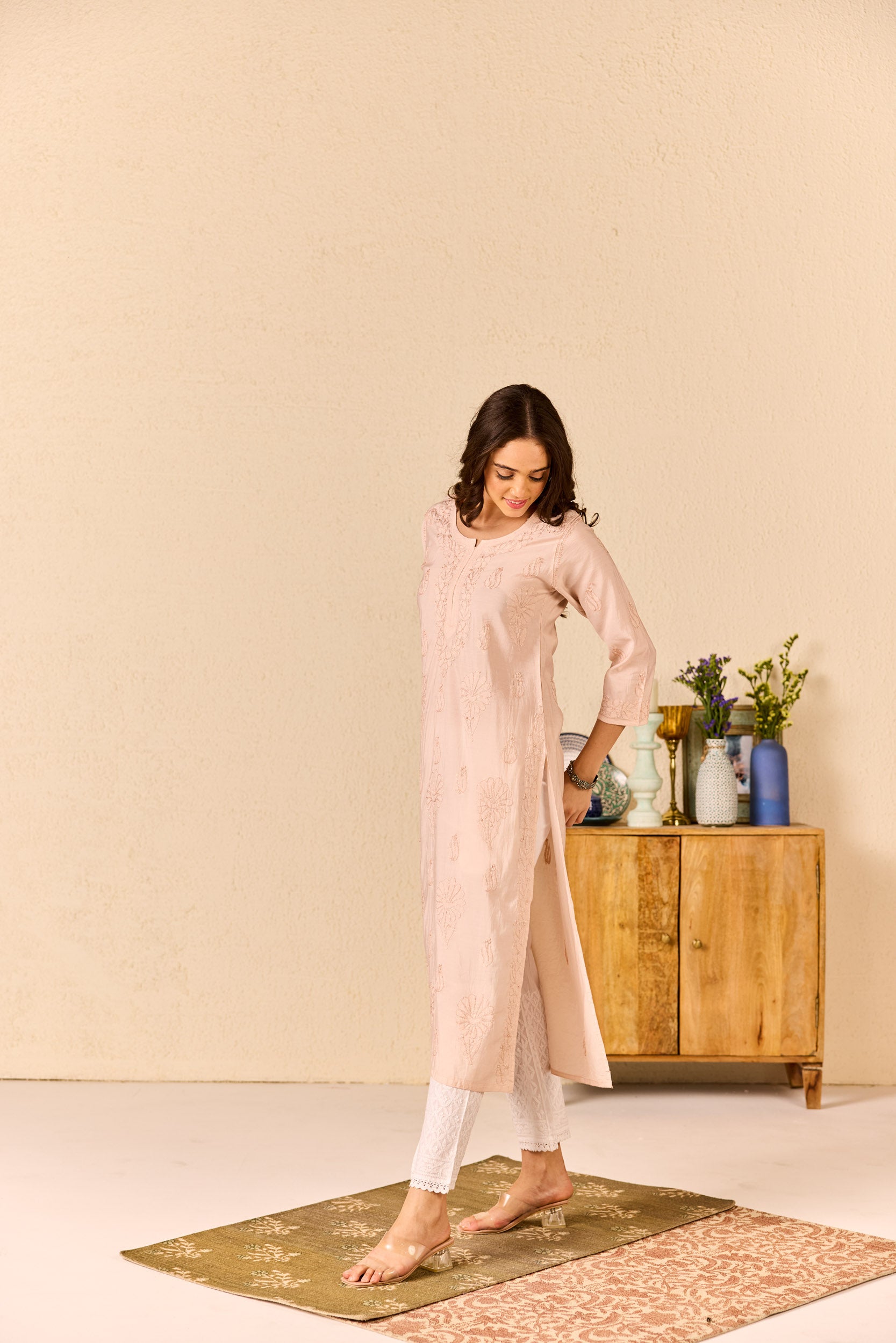 Riwaaz Nude Pink Chanderi Hand Embroidered Chikankari Kurta