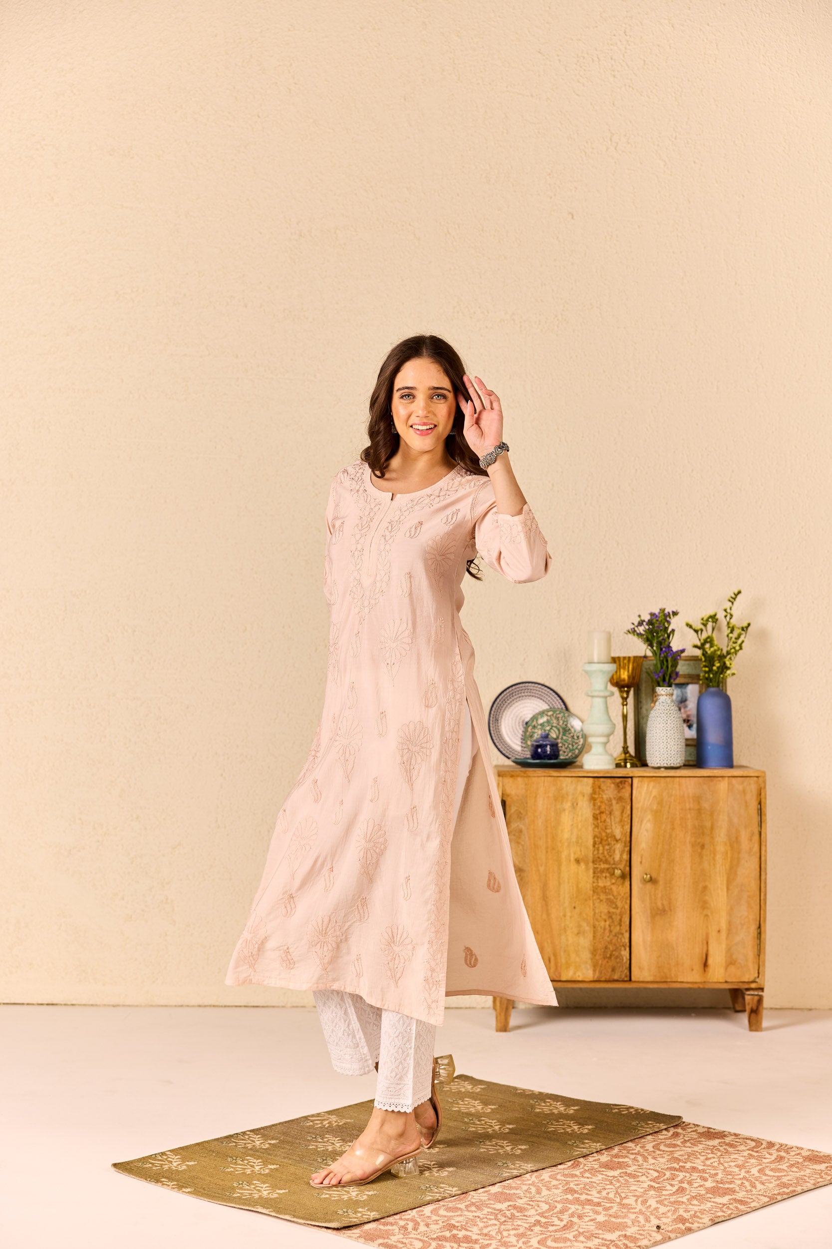 Riwaaz Nude Pink Chanderi Hand Embroidered Chikankari Kurta