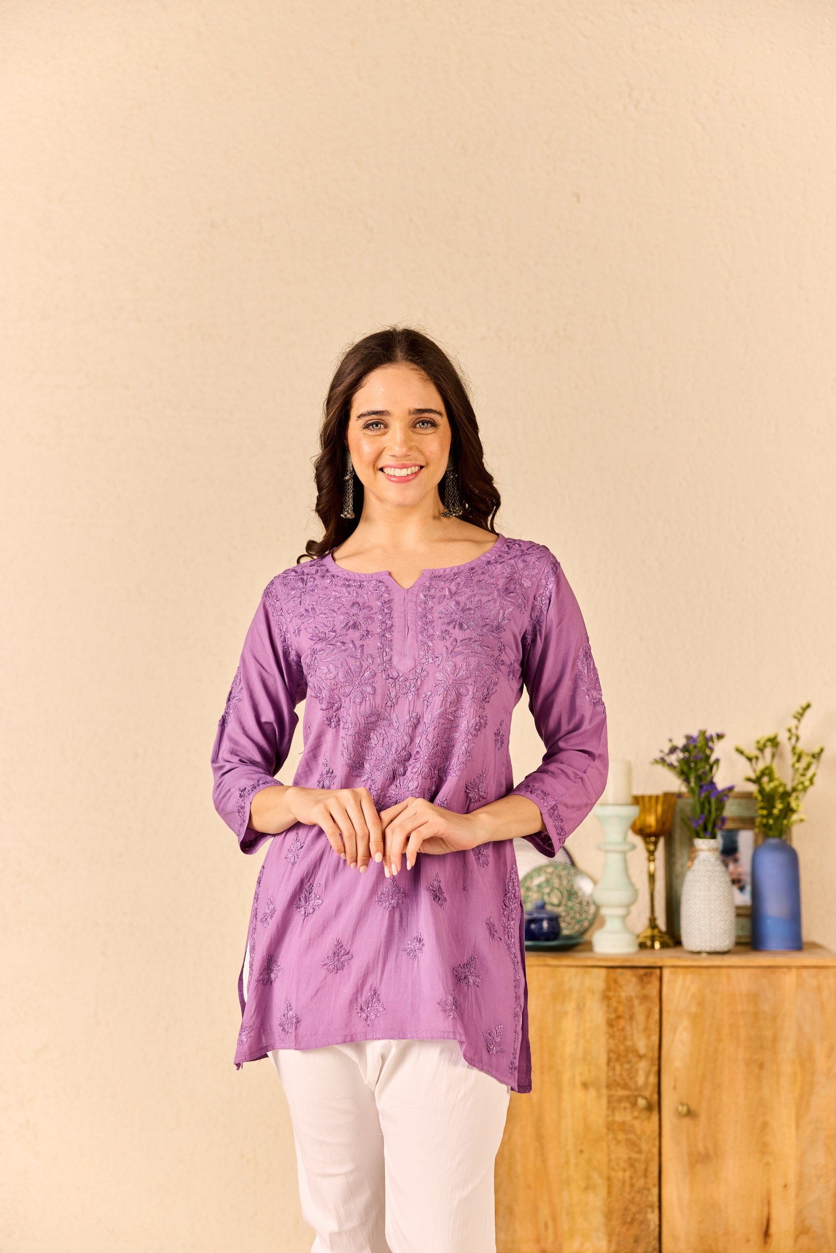 Anabia Purple Modal Hand Embroidered Short Chikankari Kurti