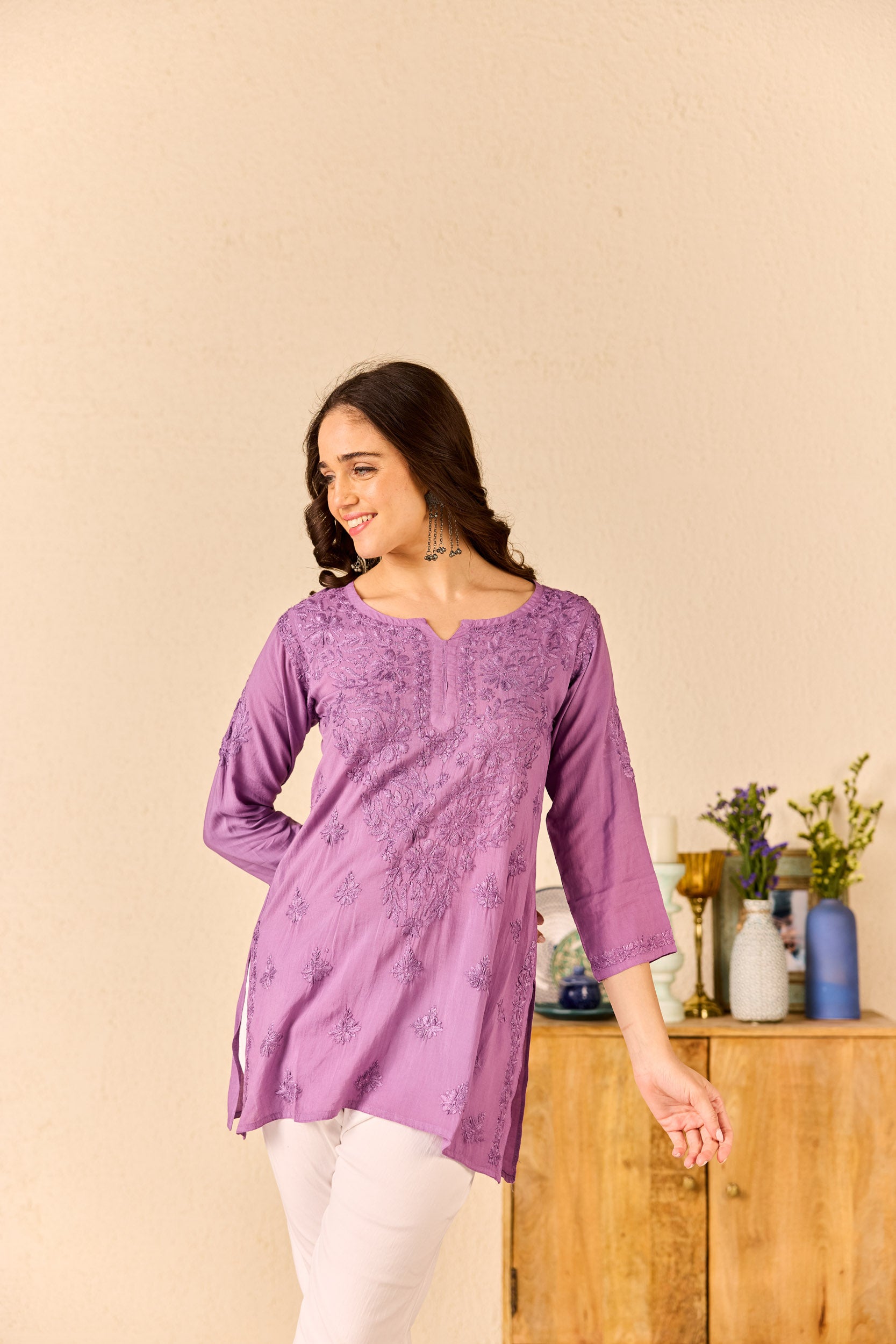 Anabia Purple Modal Hand Embroidered Short Chikankari Kurti