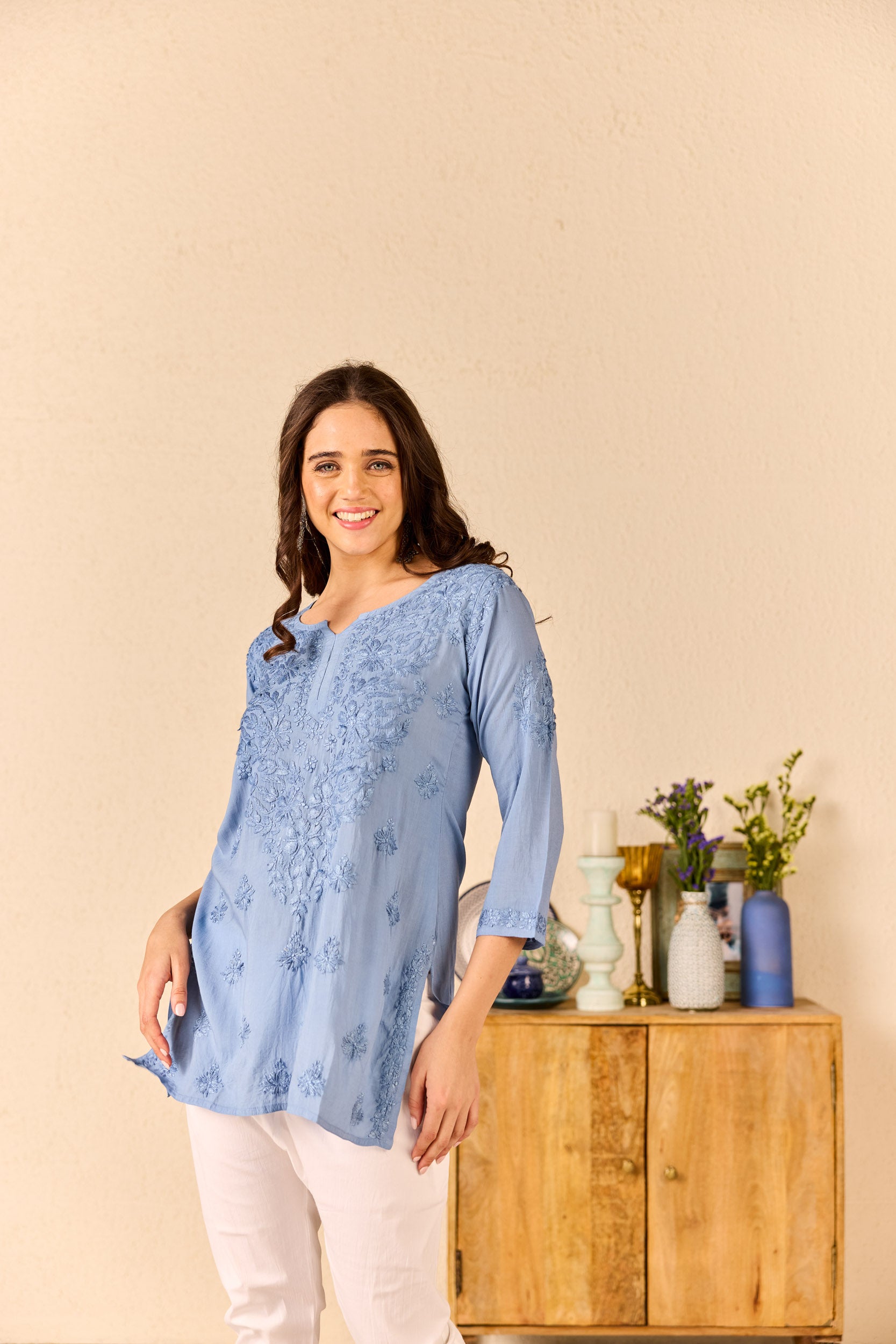 Noorain Blue Modal Hand Embroidered Short Chikankari Kurti