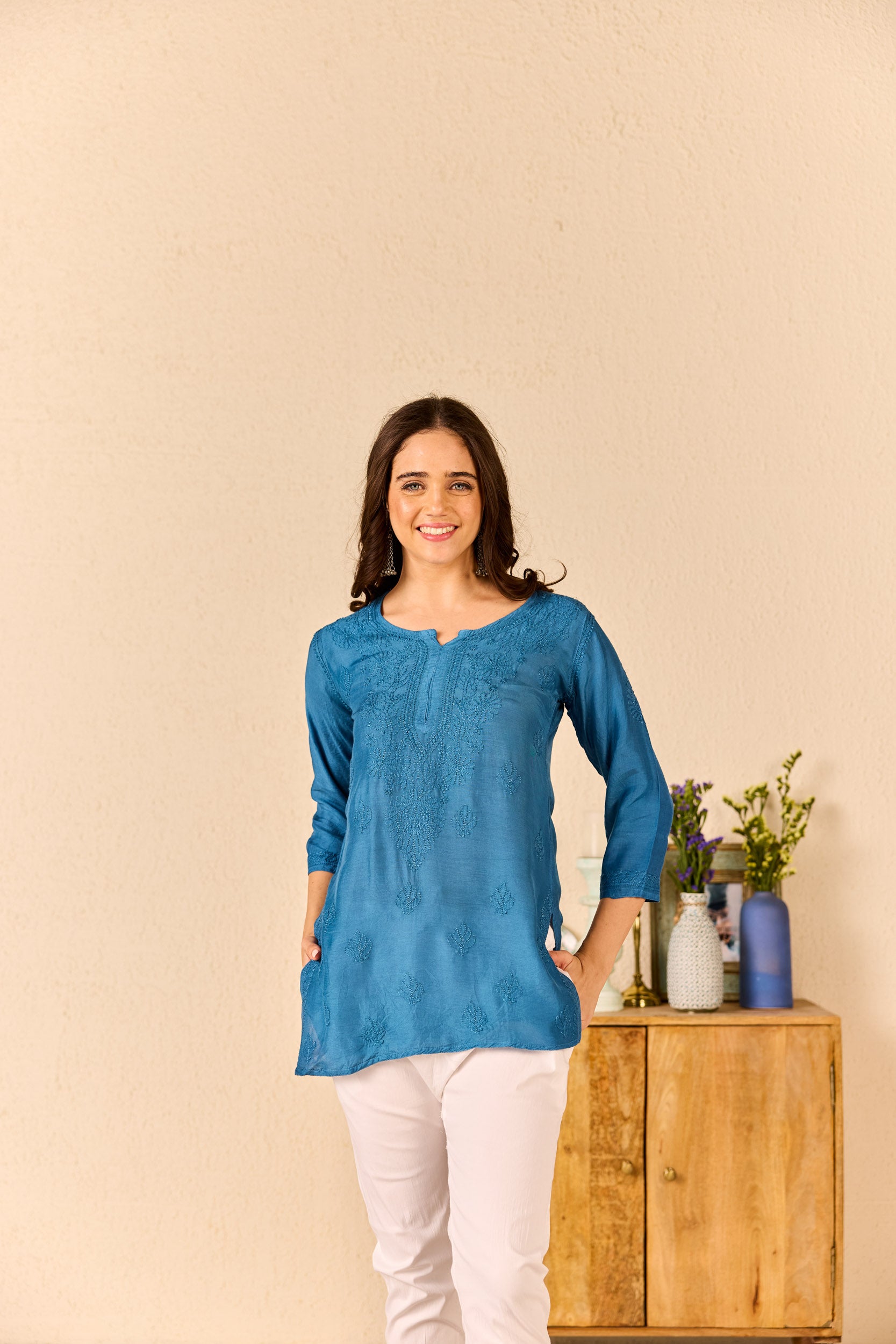 Marissa Royal Blue Muslin Hand Embroidered Short Chikankari Kurti