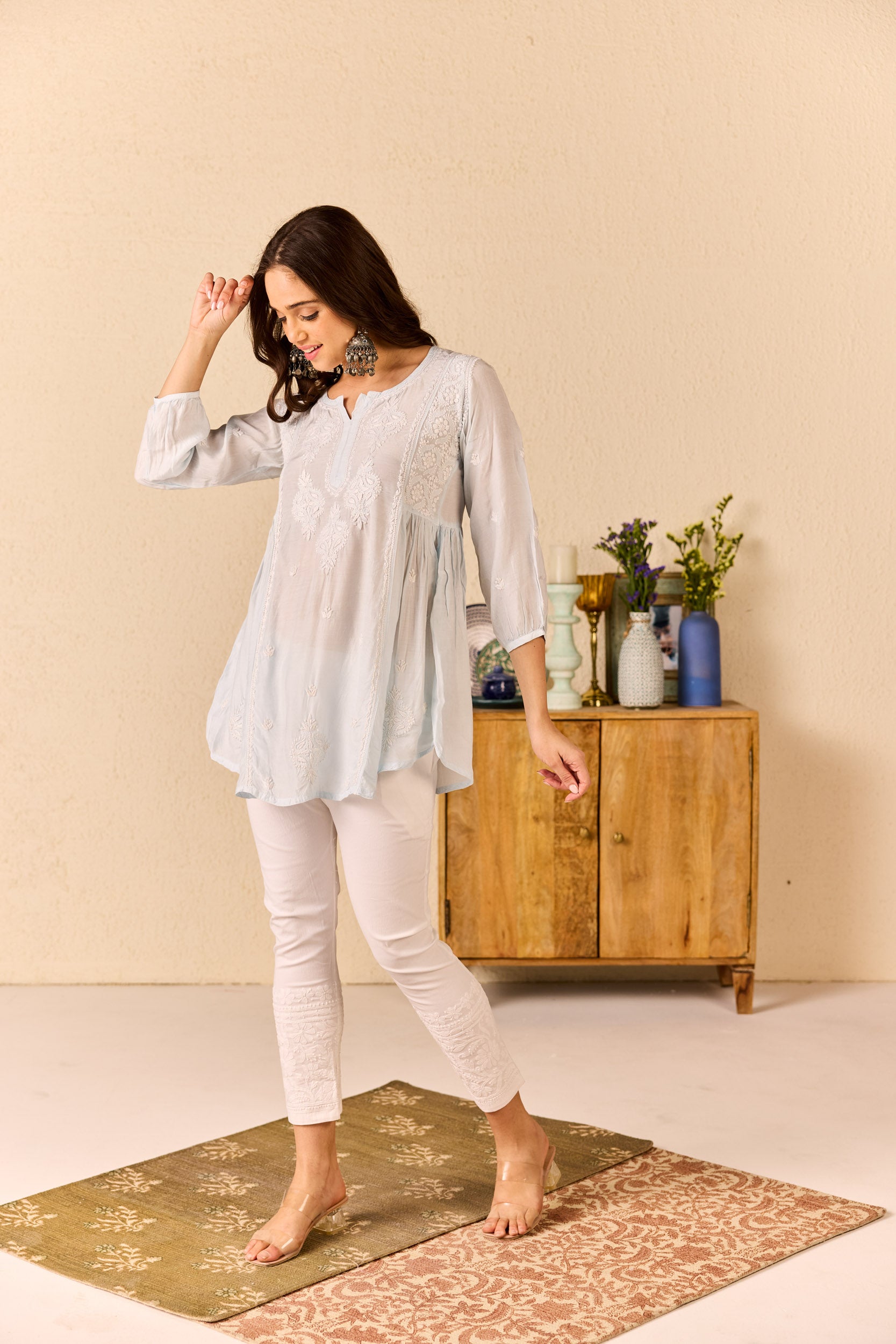 Yusra Sea Green Muslin Hand Embroidered Short Chikankari Kurti
