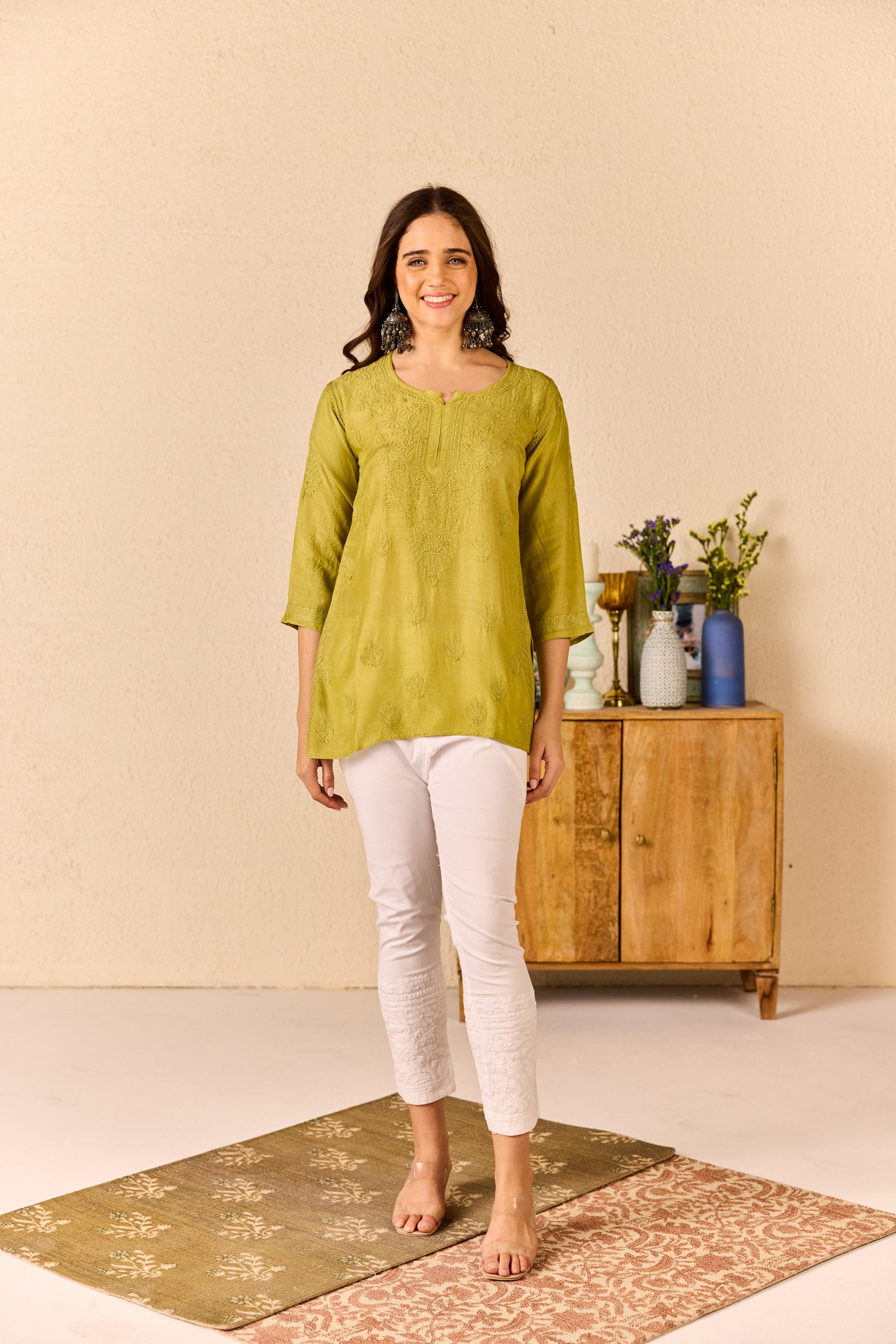 Aayna Green Muslin Hand Embroidered Short Chikankari Kurti