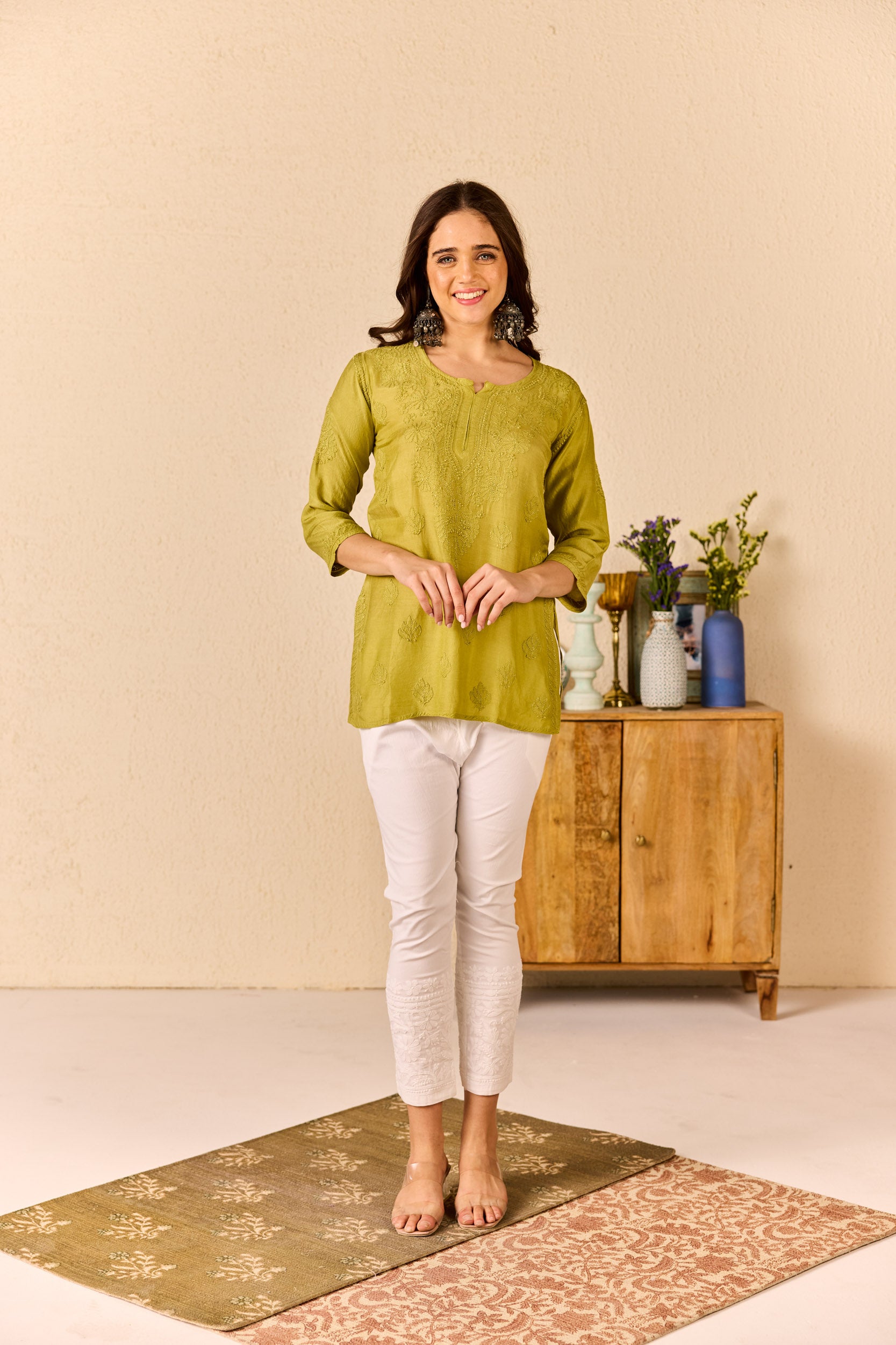 Aayna Green Muslin Hand Embroidered Short Chikankari Kurti