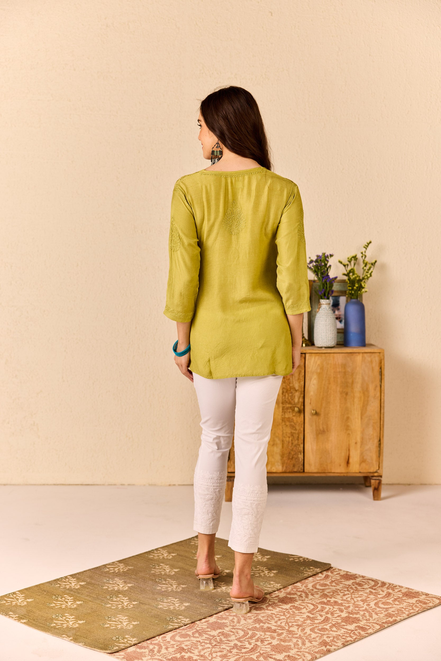 Aayna Green Muslin Hand Embroidered Short Chikankari Kurti