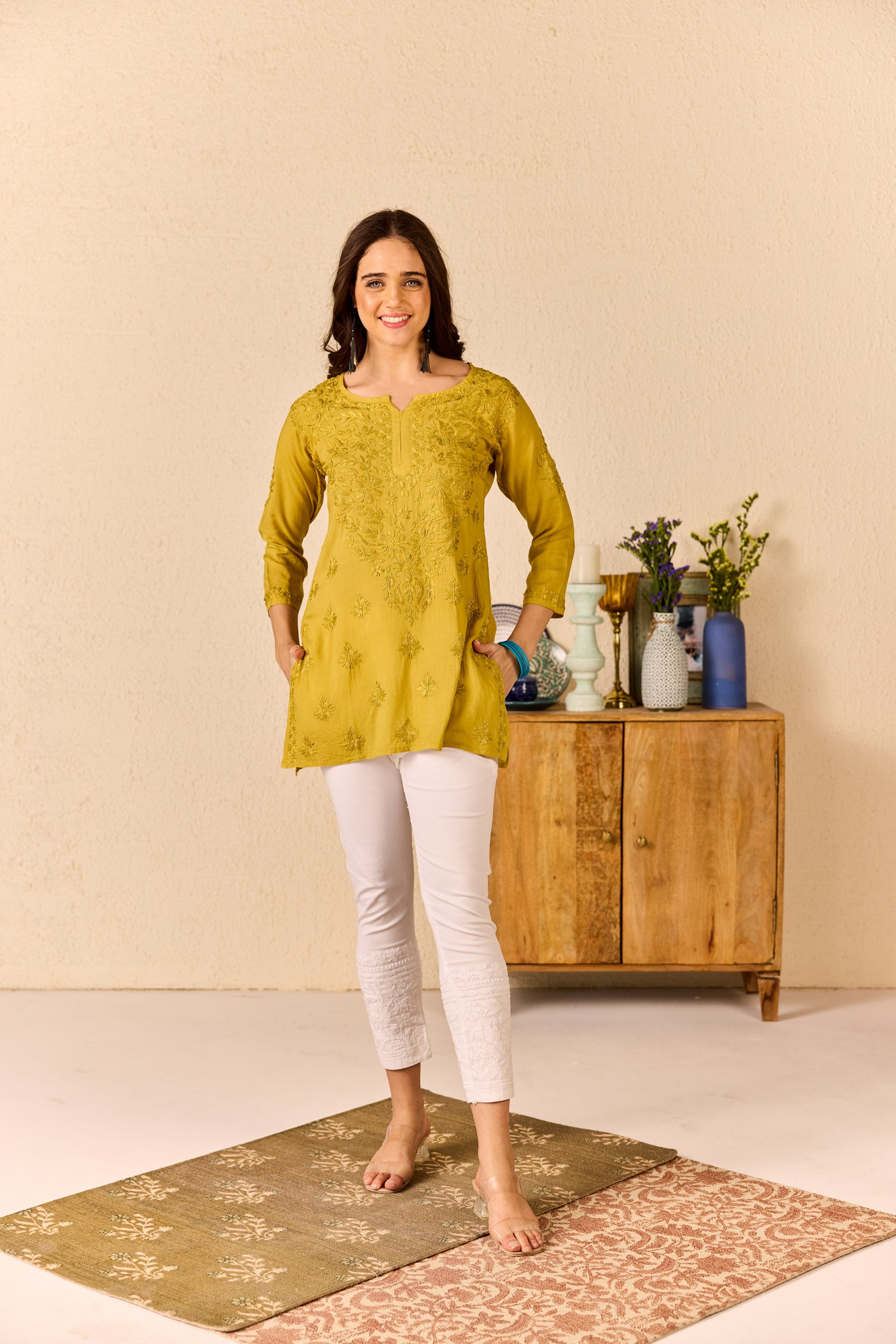 Laiba Mustard Yellow Modal Hand Embroidered Short Chikankari Kurti