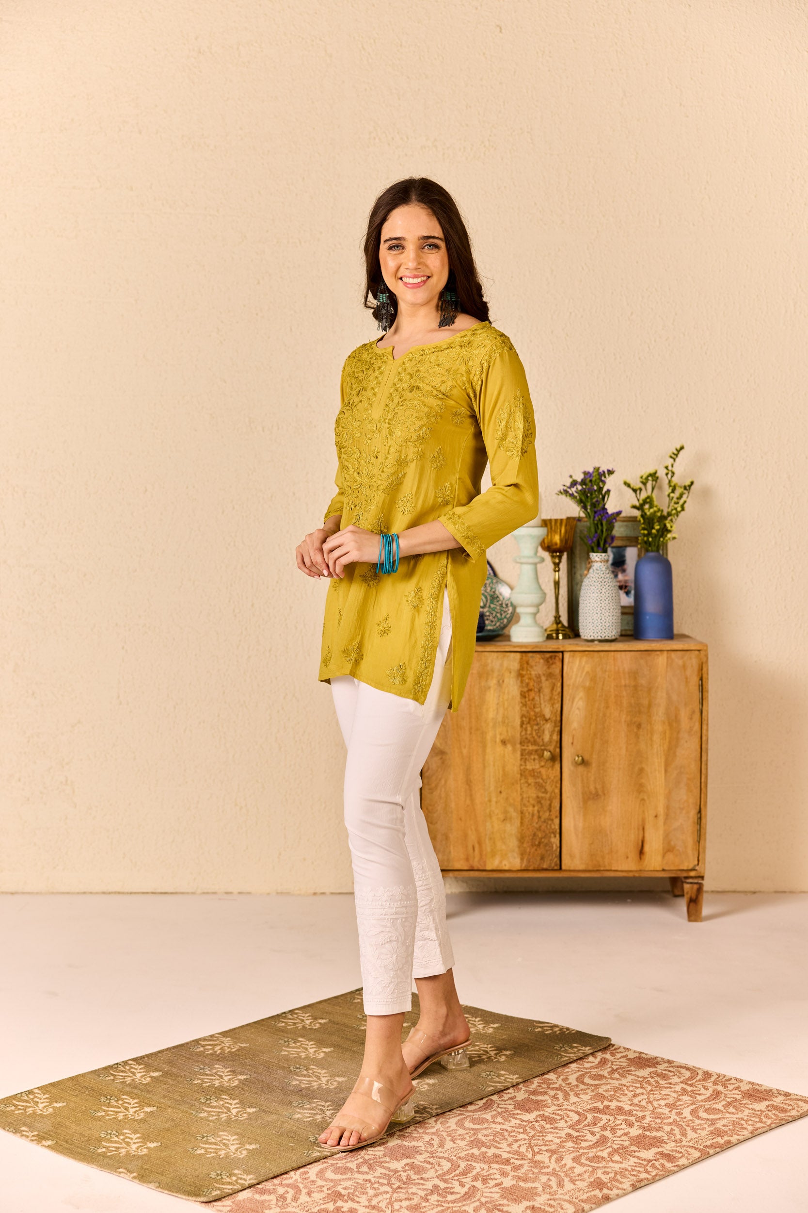 Laiba Mustard Yellow Modal Hand Embroidered Short Chikankari Kurti