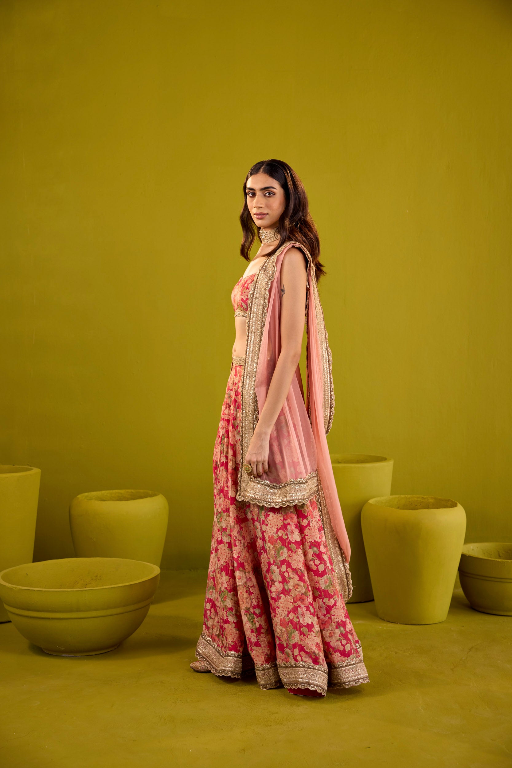Mehroom Scarlett & Bronze Embellished Tissue Lehenga Set