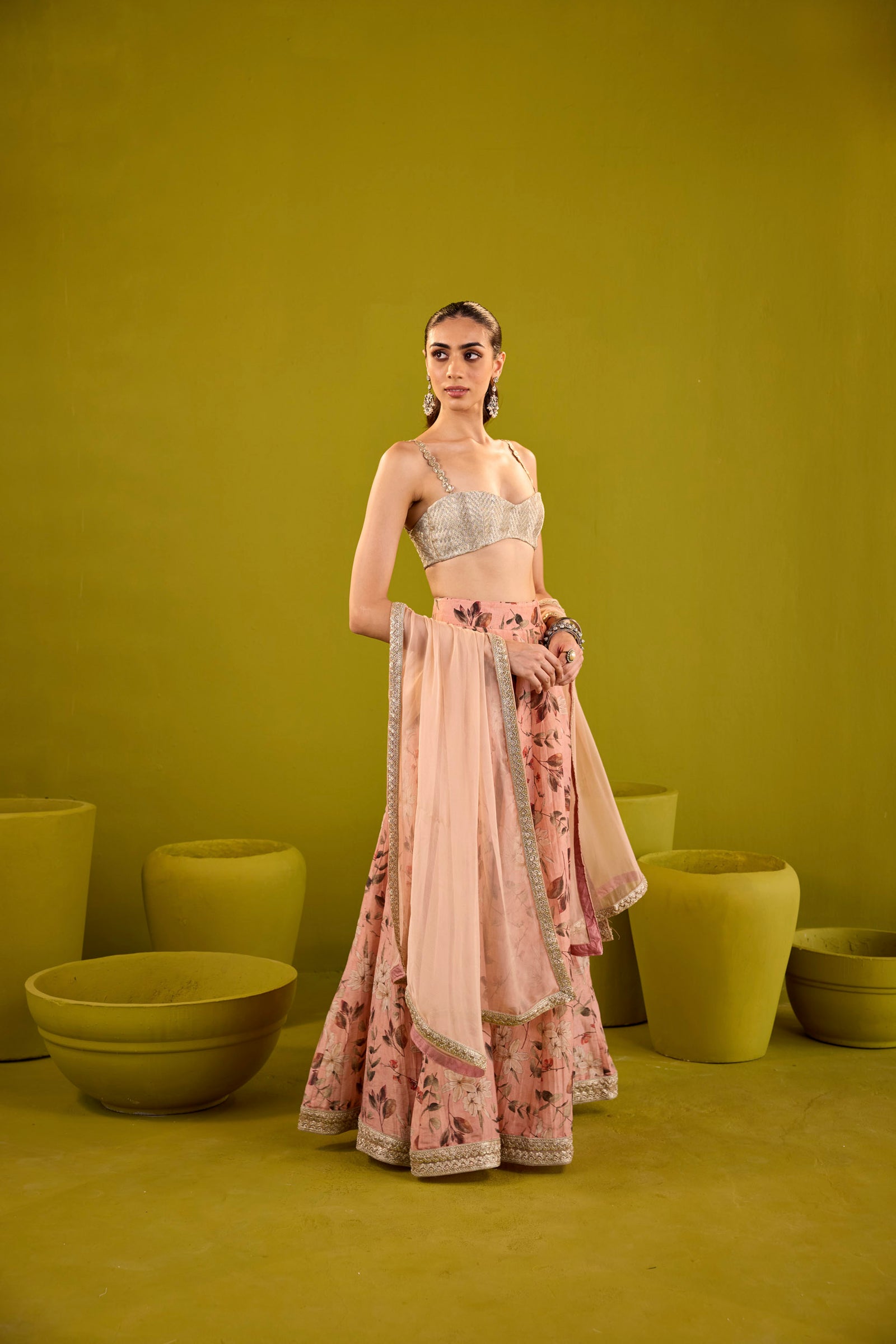 Keisha Peach & Silver Embellished Tissue Lehenga Set