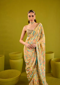 Yellow Embellished Crepe Saree With Unstitched Blouse Piece