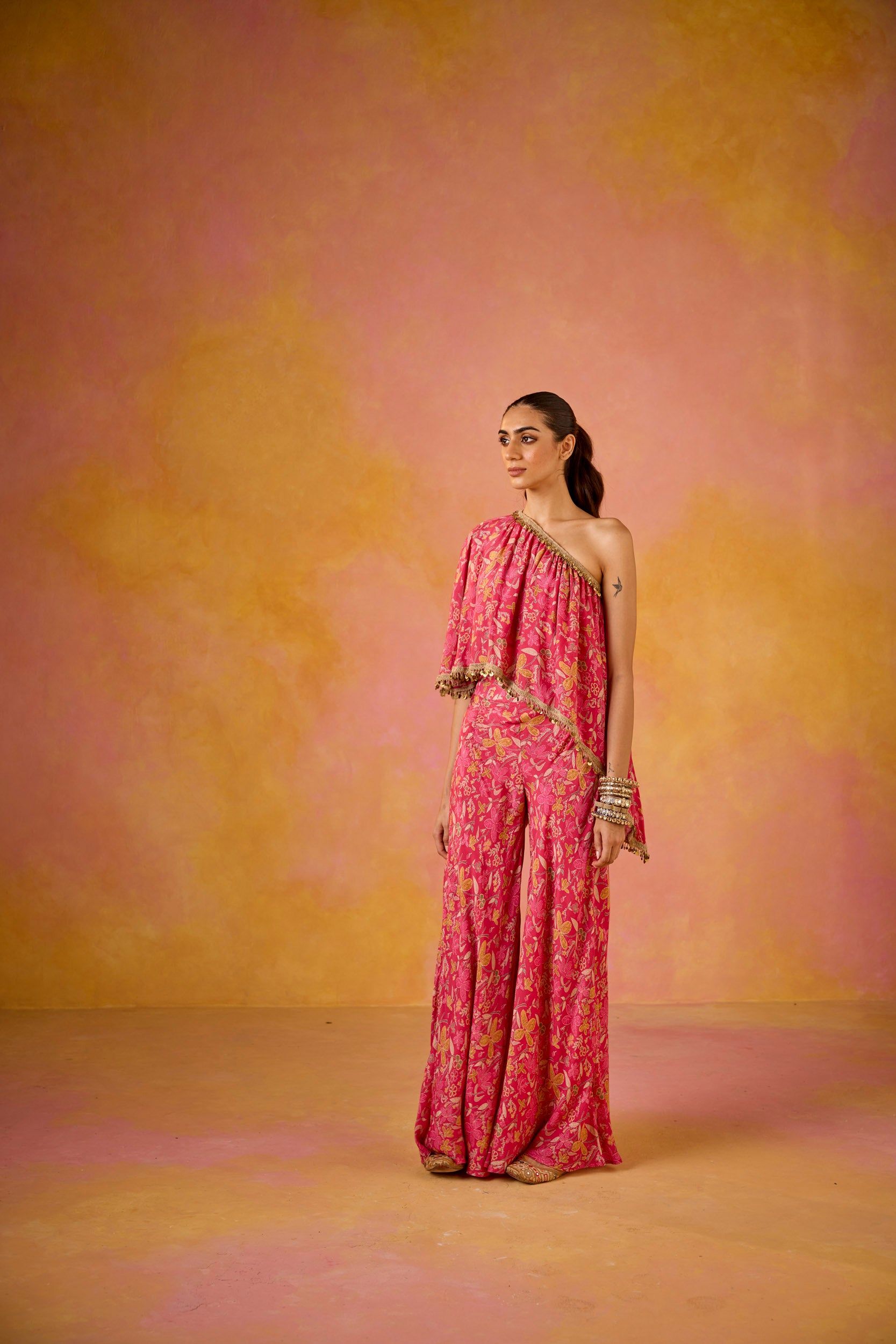 Amayra Hot Pink Muslin One-Shoulder Top & Flared Sharara Set