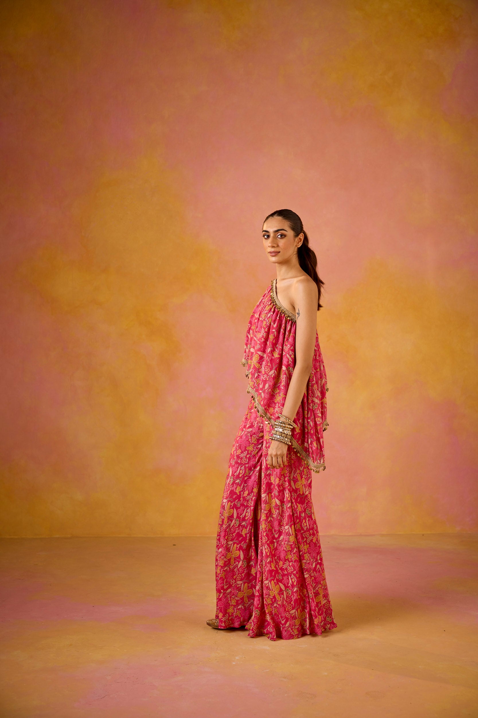 Amayra Hot Pink Muslin One-Shoulder Top & Flared Sharara Set