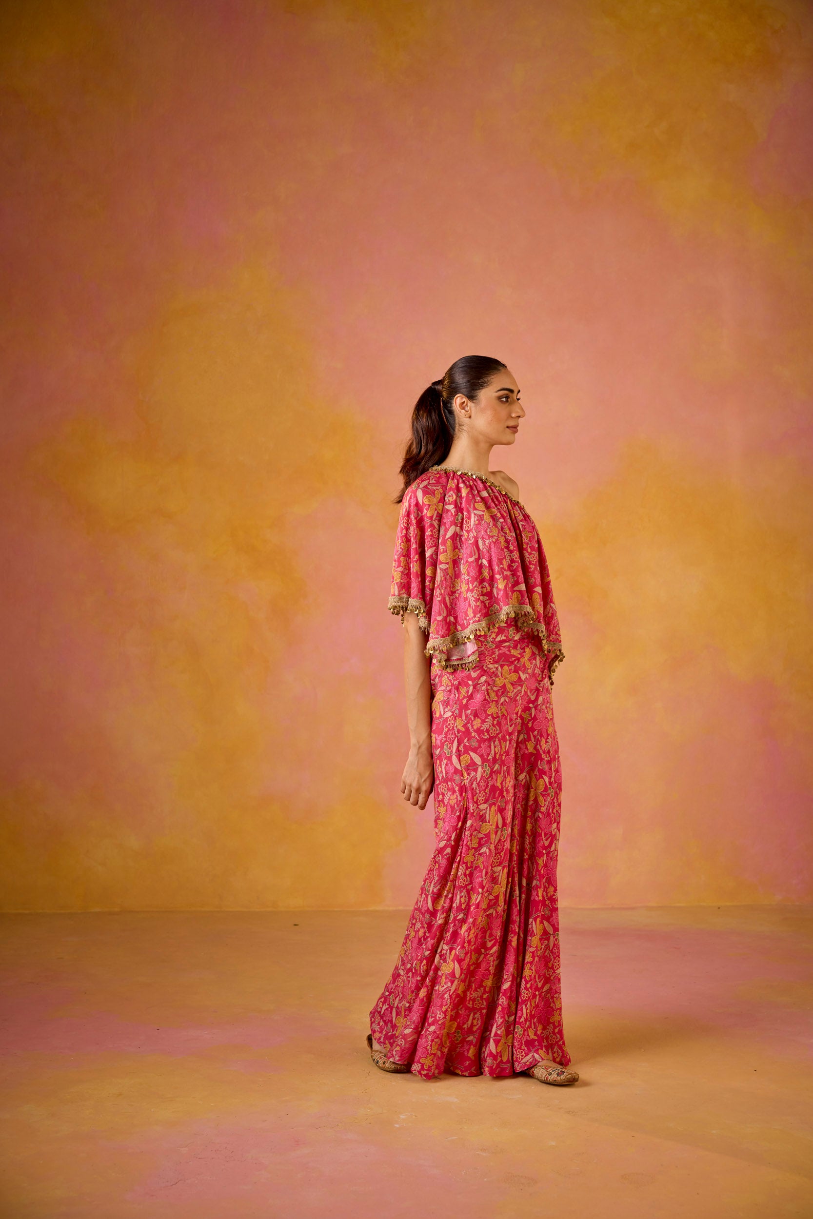 Amayra Hot Pink Muslin One-Shoulder Top & Flared Sharara Set