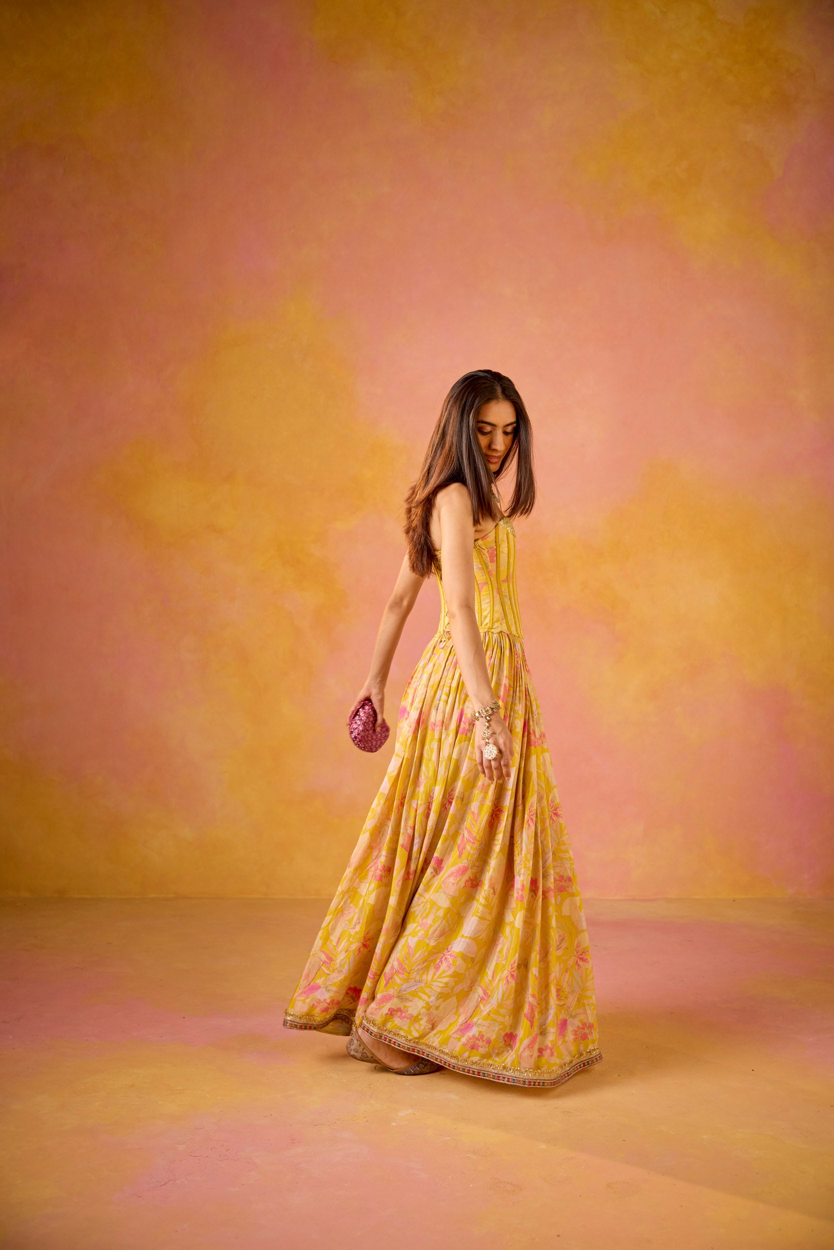 Anaya Yellow Sequinned Corset Muslin Lehenga Set
