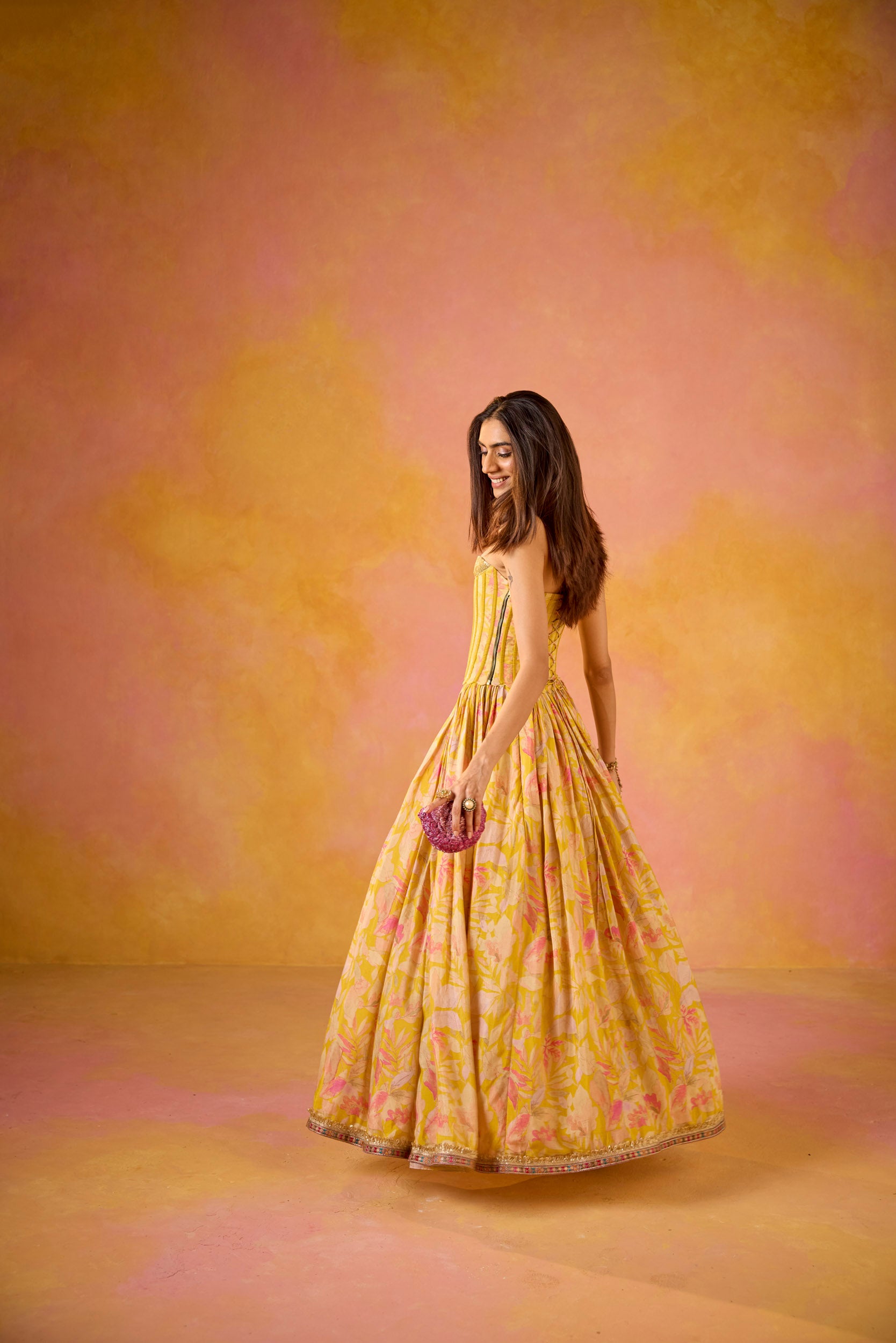 Anaya Yellow Sequinned Corset Muslin Lehenga Set