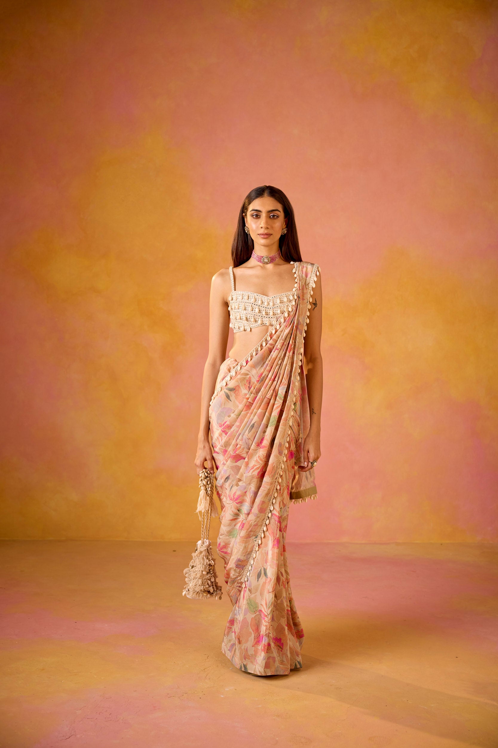 Leher Cream Crepe Saree With Cowrie Shell Embroidered Blouse