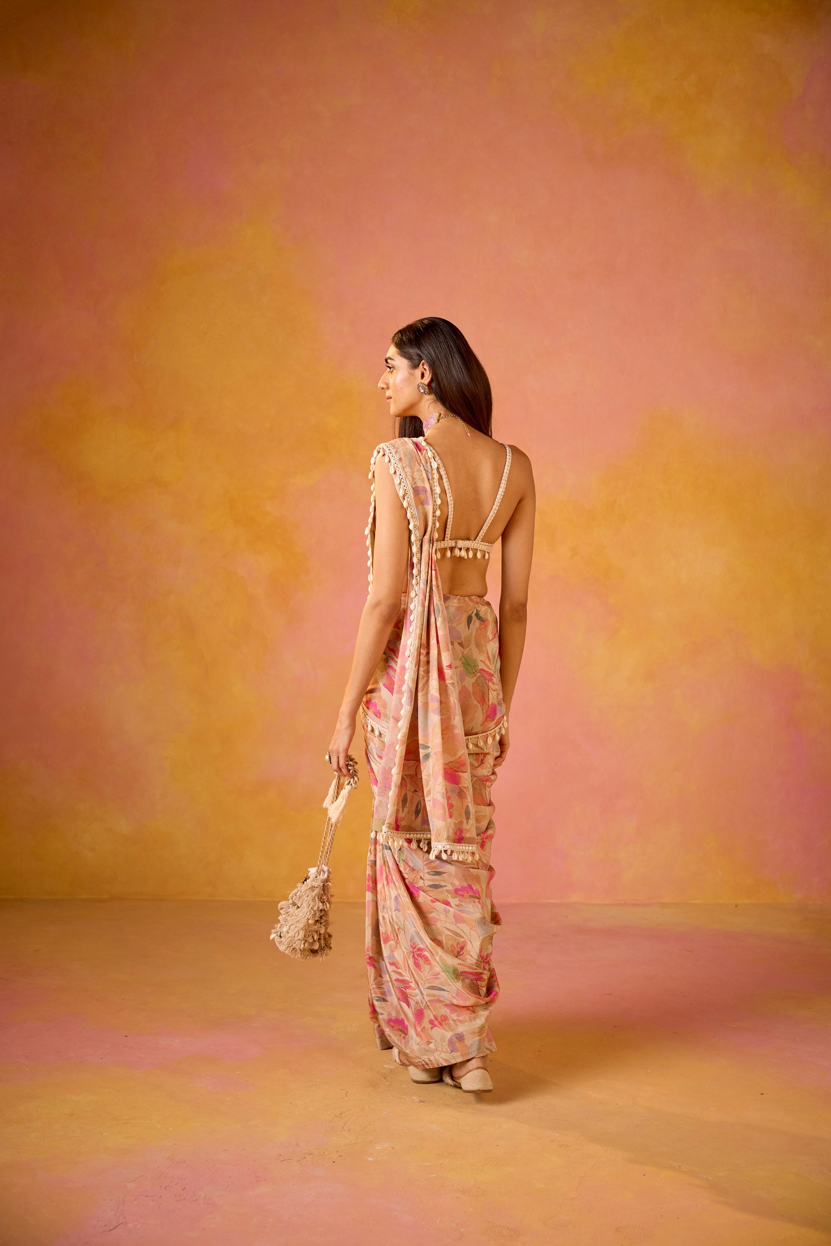 Leher Cream Crepe Saree With Cowrie Shell Embroidered Blouse
