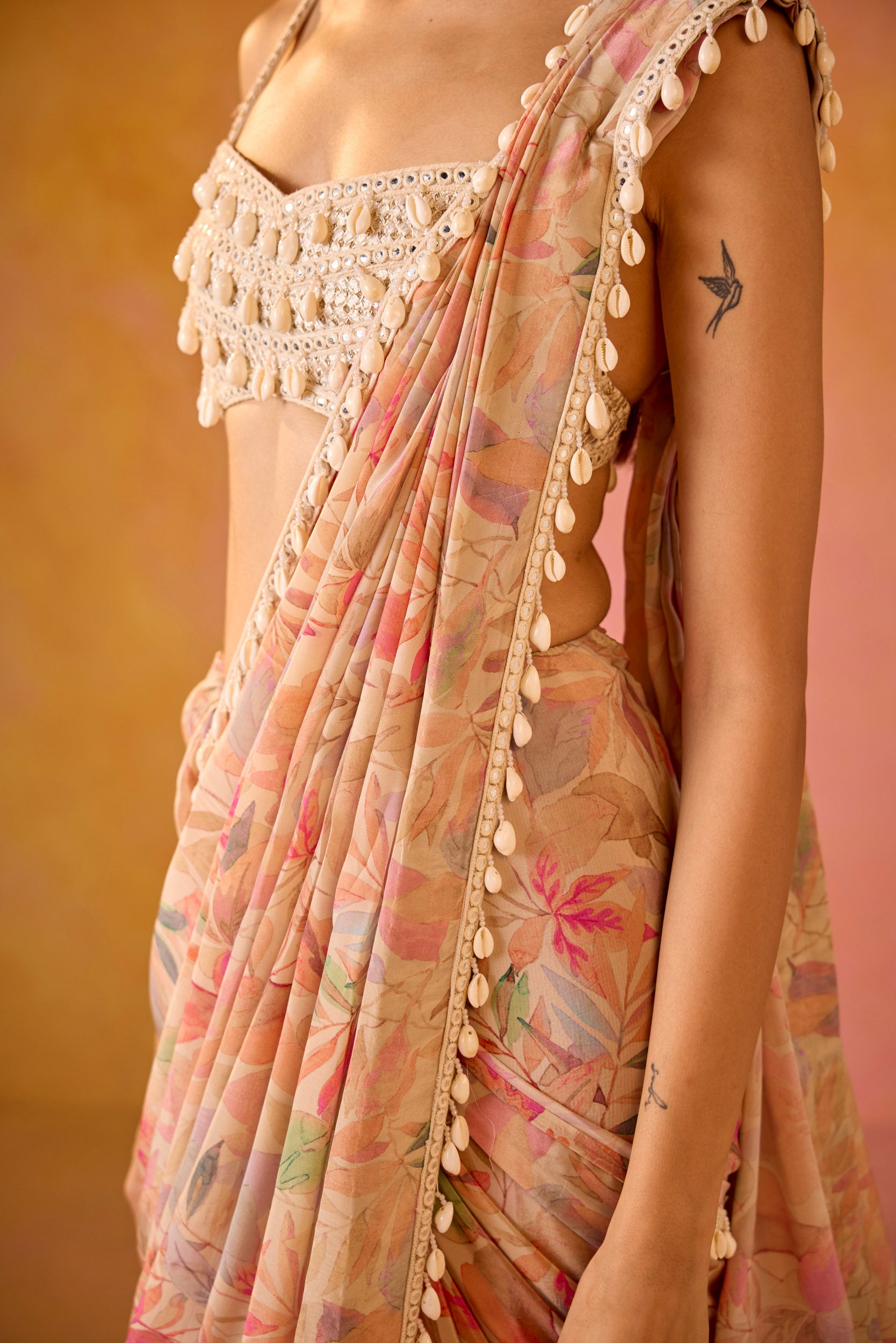 Leher Cream Crepe Saree With Cowrie Shell Embroidered Blouse