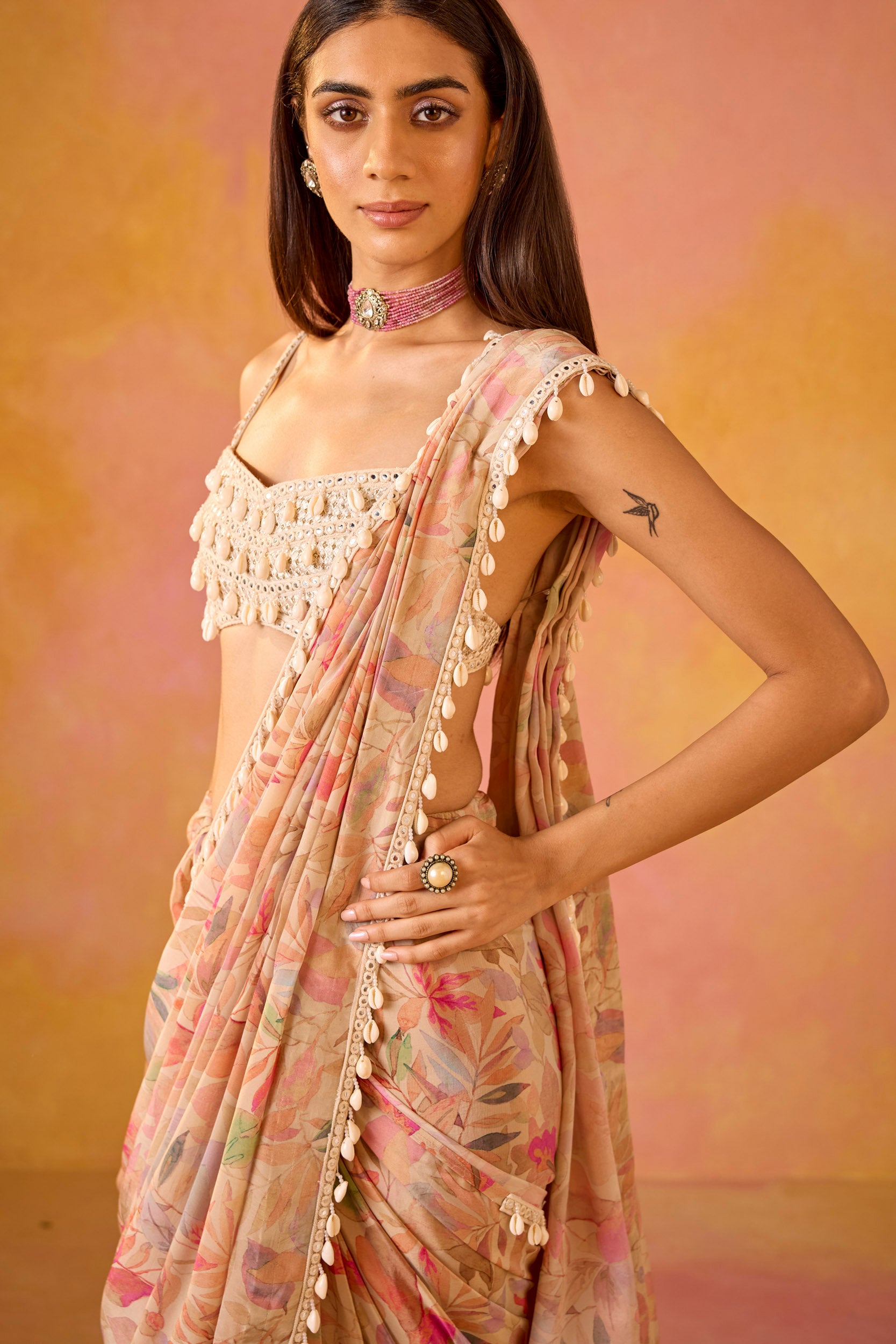 Leher Cream Crepe Saree With Cowrie Shell Embroidered Blouse