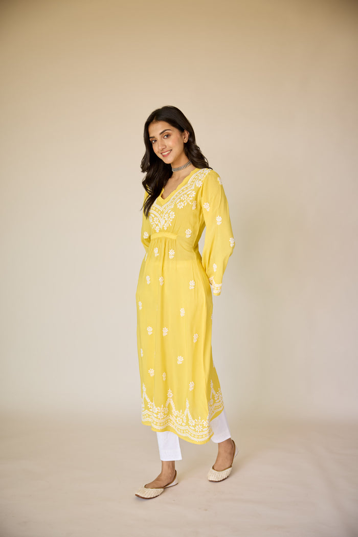 Yellow Floral Printed A-line Kurta with Chikankari Embroidered Yoke