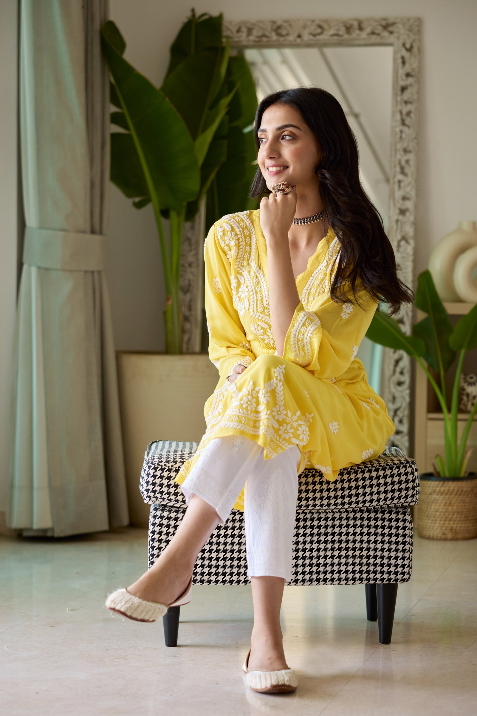 Modal Chikankari Kurta - Yellow