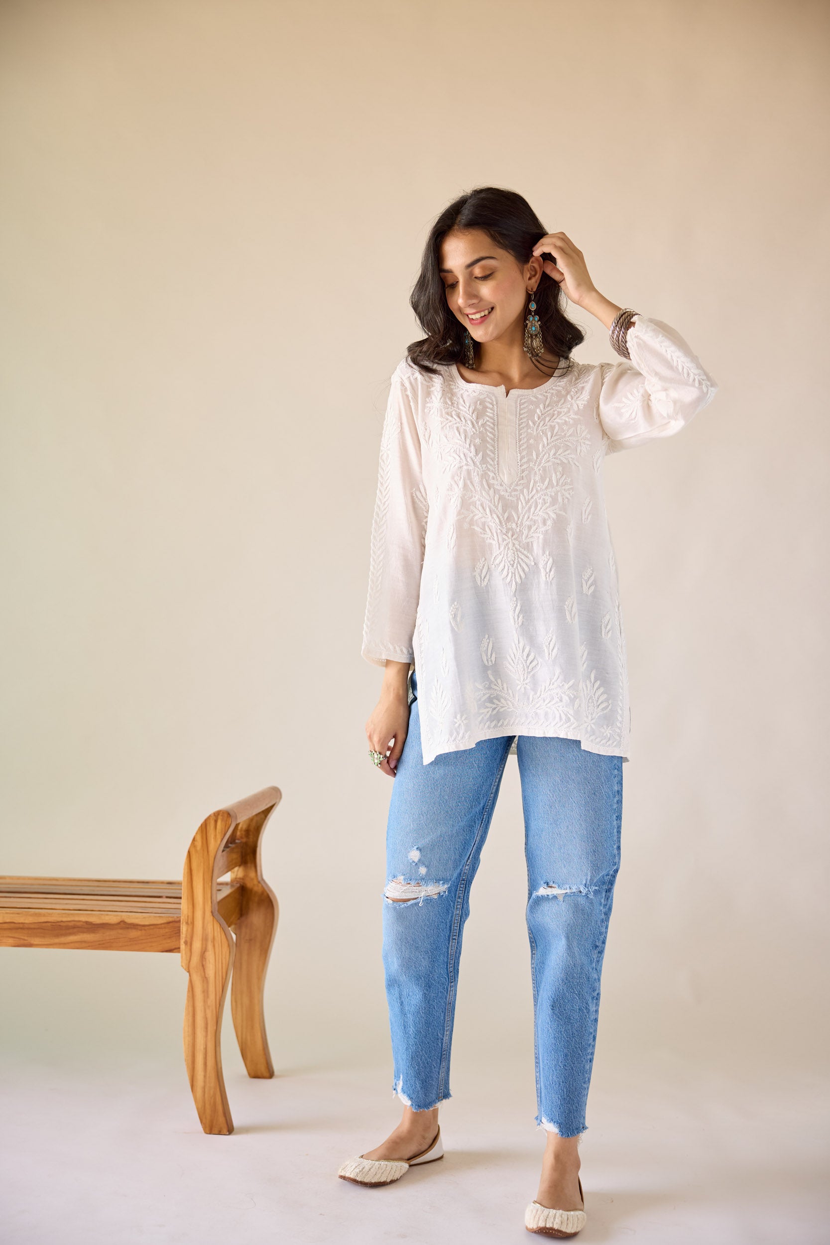 Sangeeta Eggshell White Chanderi Hand Embroidered Short Chikankari Kurti