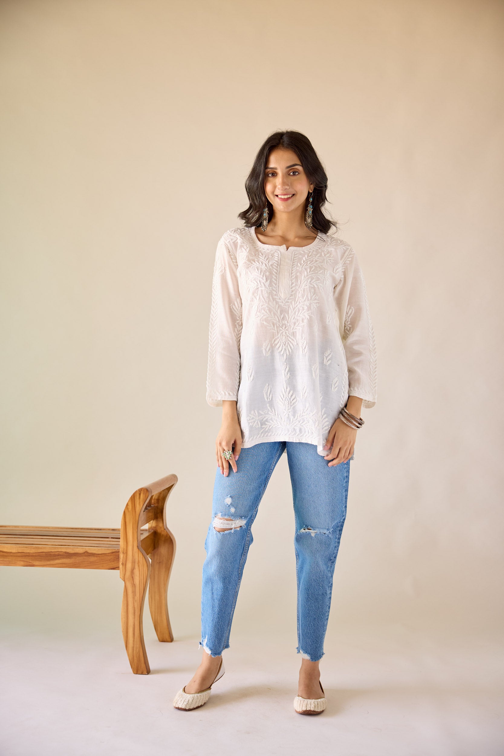 Sangeeta Eggshell White Chanderi Hand Embroidered Short Chikankari Kurti