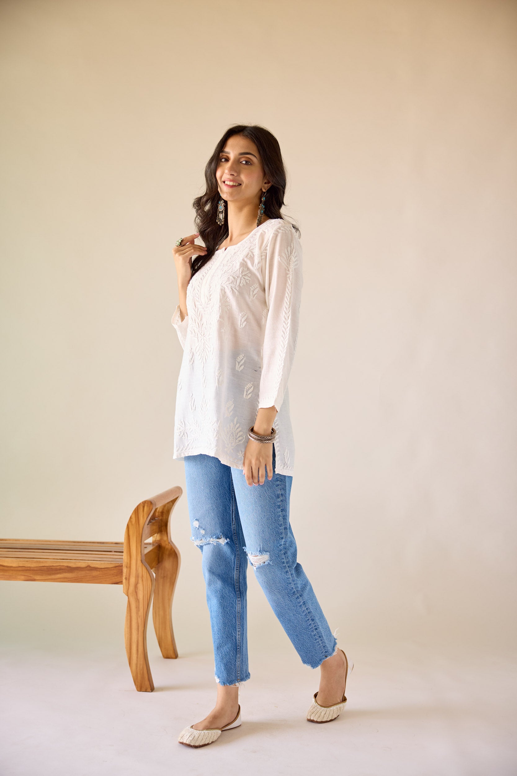 Sangeeta Eggshell White Chanderi Hand Embroidered Short Chikankari Kurti