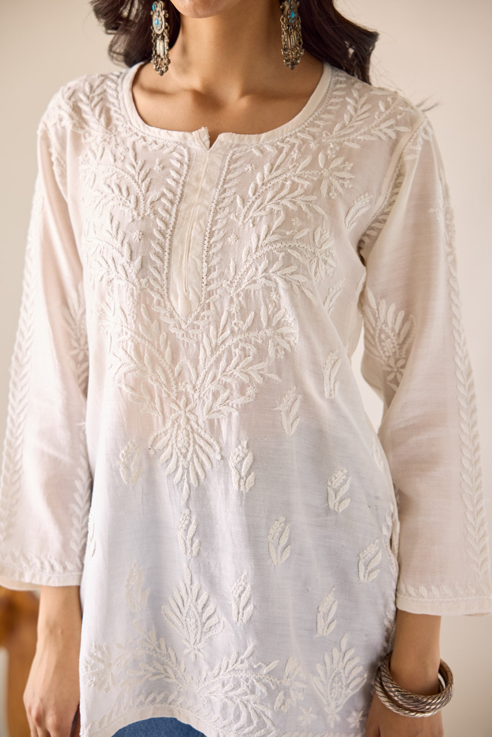 Sangeeta Eggshell White Chanderi Hand Embroidered Short Chikankari Kurti